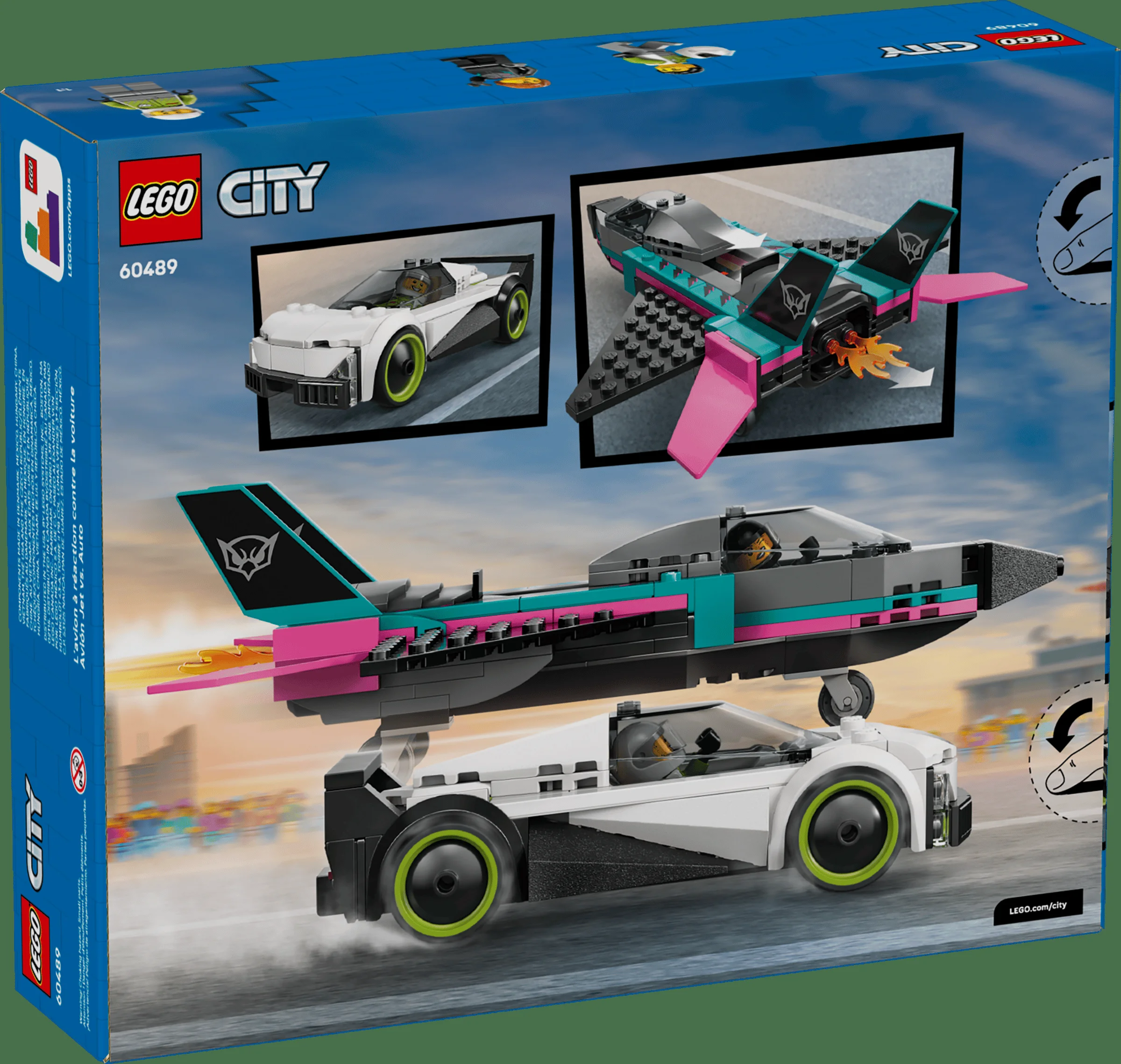 Cutia setului LEGO City 60489, cu imaginea unui avion și a unei mașini sport.