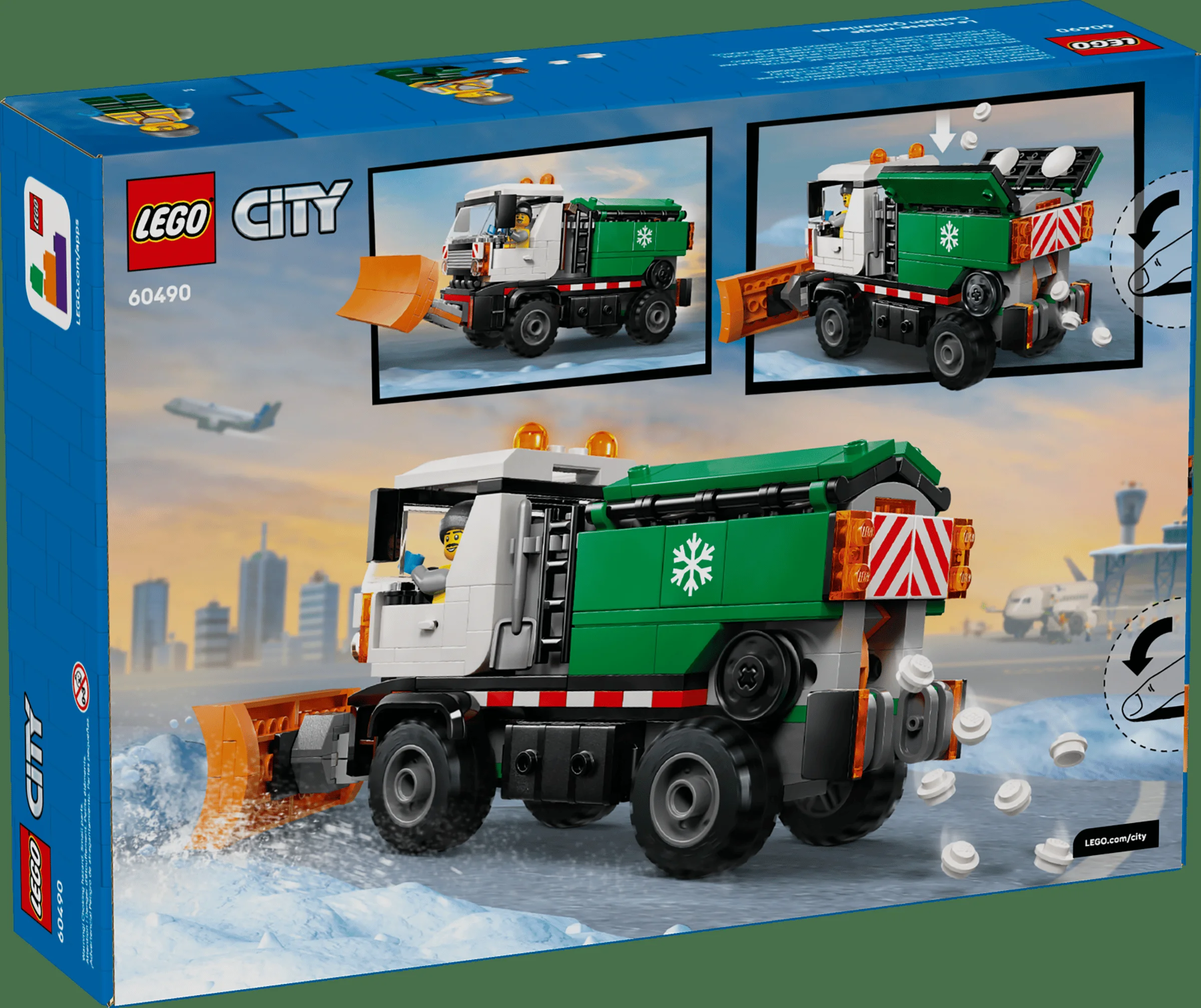 Cutia LEGO City 60490 prezintă camionul de deszăpezire în acțiune, aruncând zăpadă pe pistă.