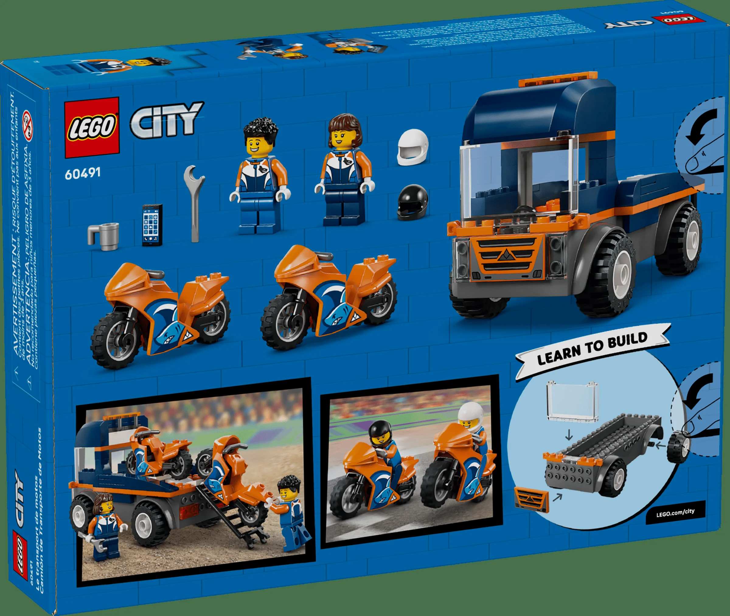 Cutia setului LEGO City 60491 prezintă camionul și motocicletele portocalii. Include minifigurine și detalii despre asamblare.
