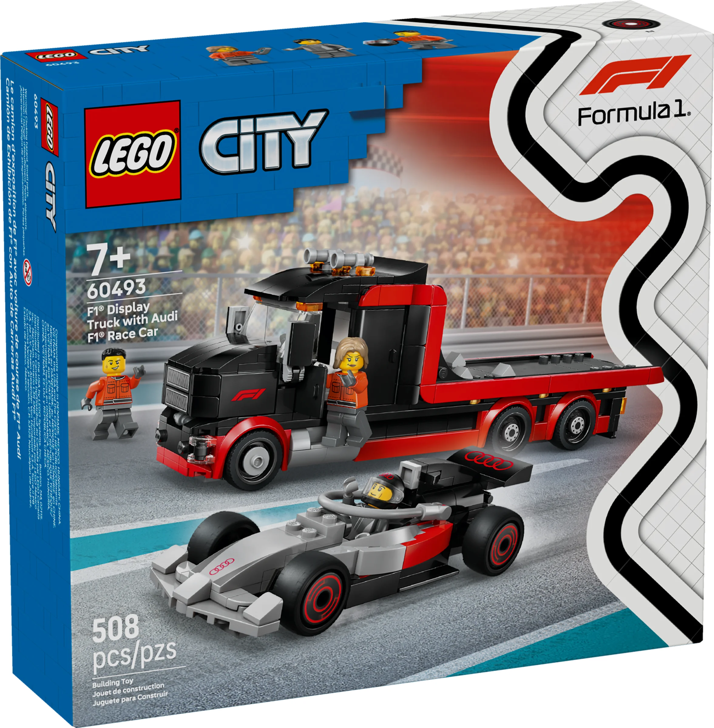 Imagine cu setul LEGO City 60493, cu camionul de expunere F1 și mașina Audi F1.