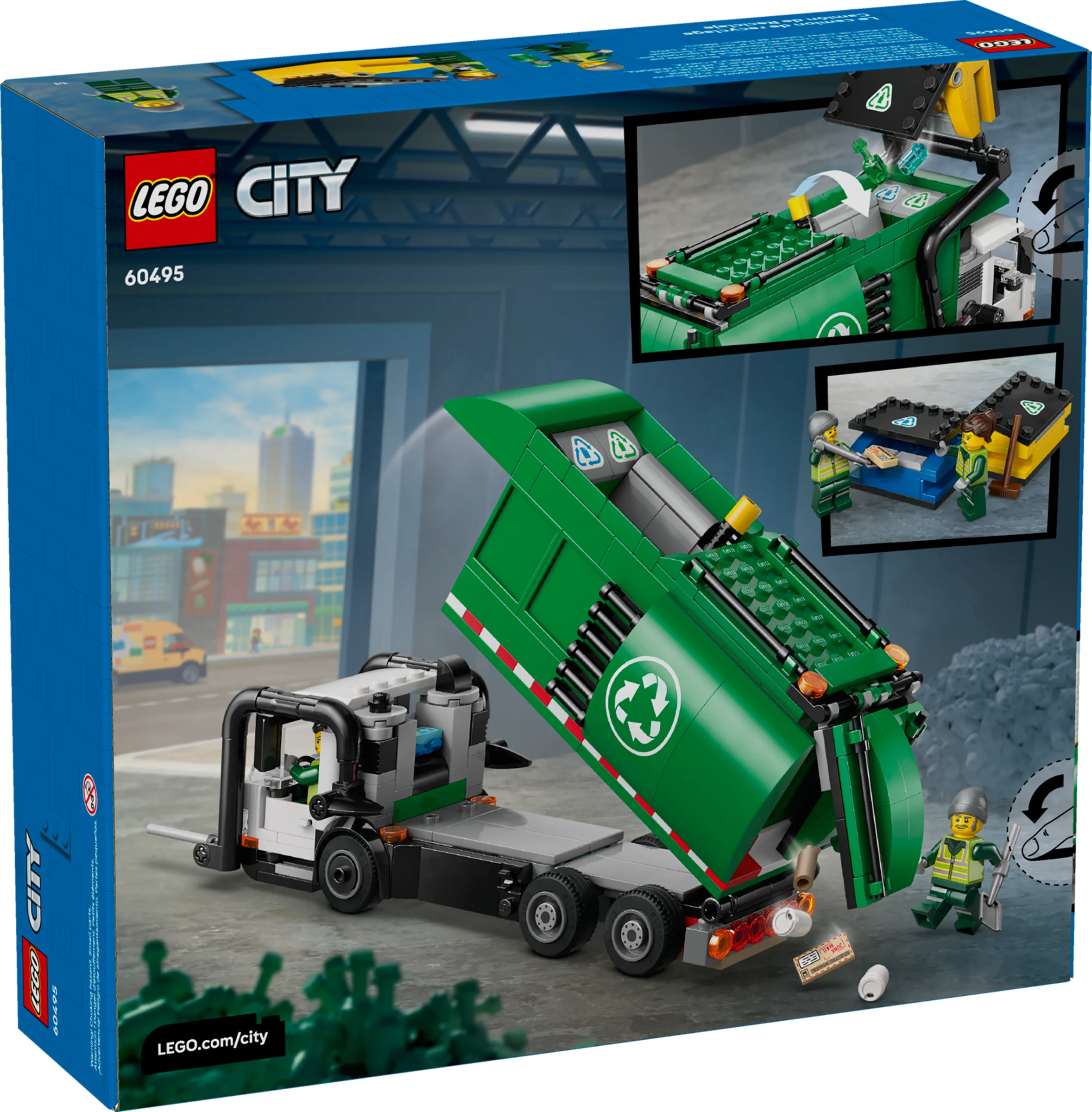 Imaginea cutiei LEGO 60495, camionul de reciclare, arătând modelul și funcțiile sale principale.