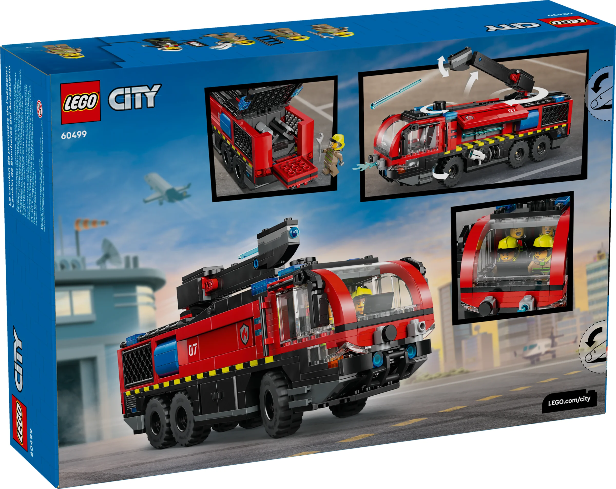 Imaginea cutiei cu camionul de pompieri LEGO City 60499, cu detalii despre funcții.