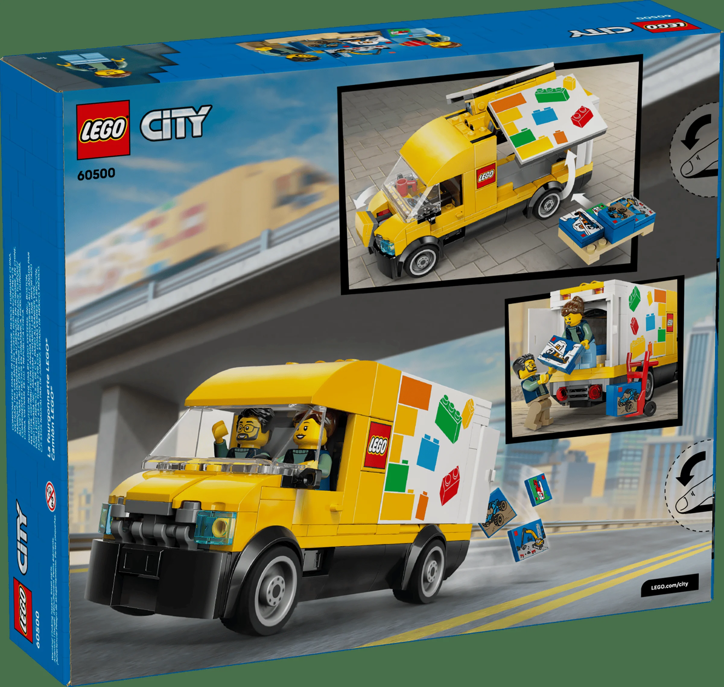 Cutia LEGO City 60500, cu furgonetă galbenă, viu colorată și minifigurine. Detalii amuzante!