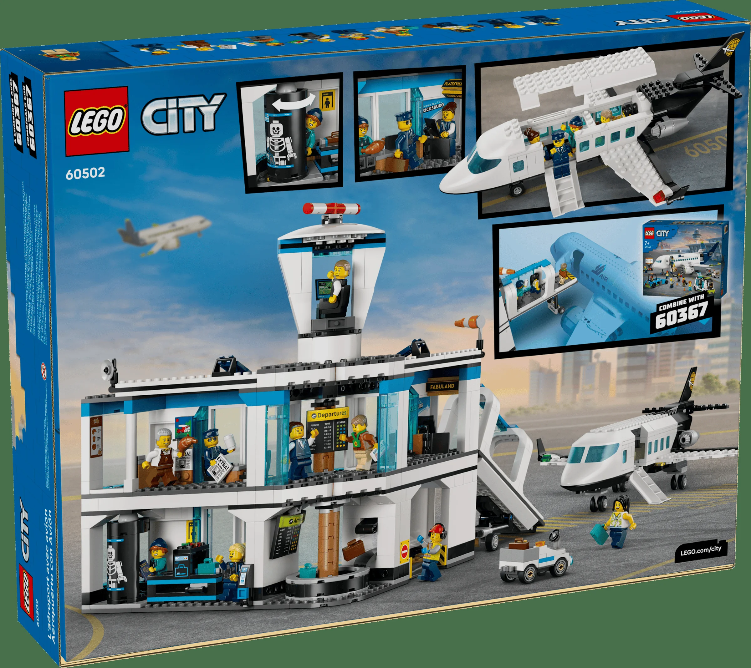 Imaginea cutiei LEGO City 60502, cu aeroport și avion, prezentând modelul asamblat.