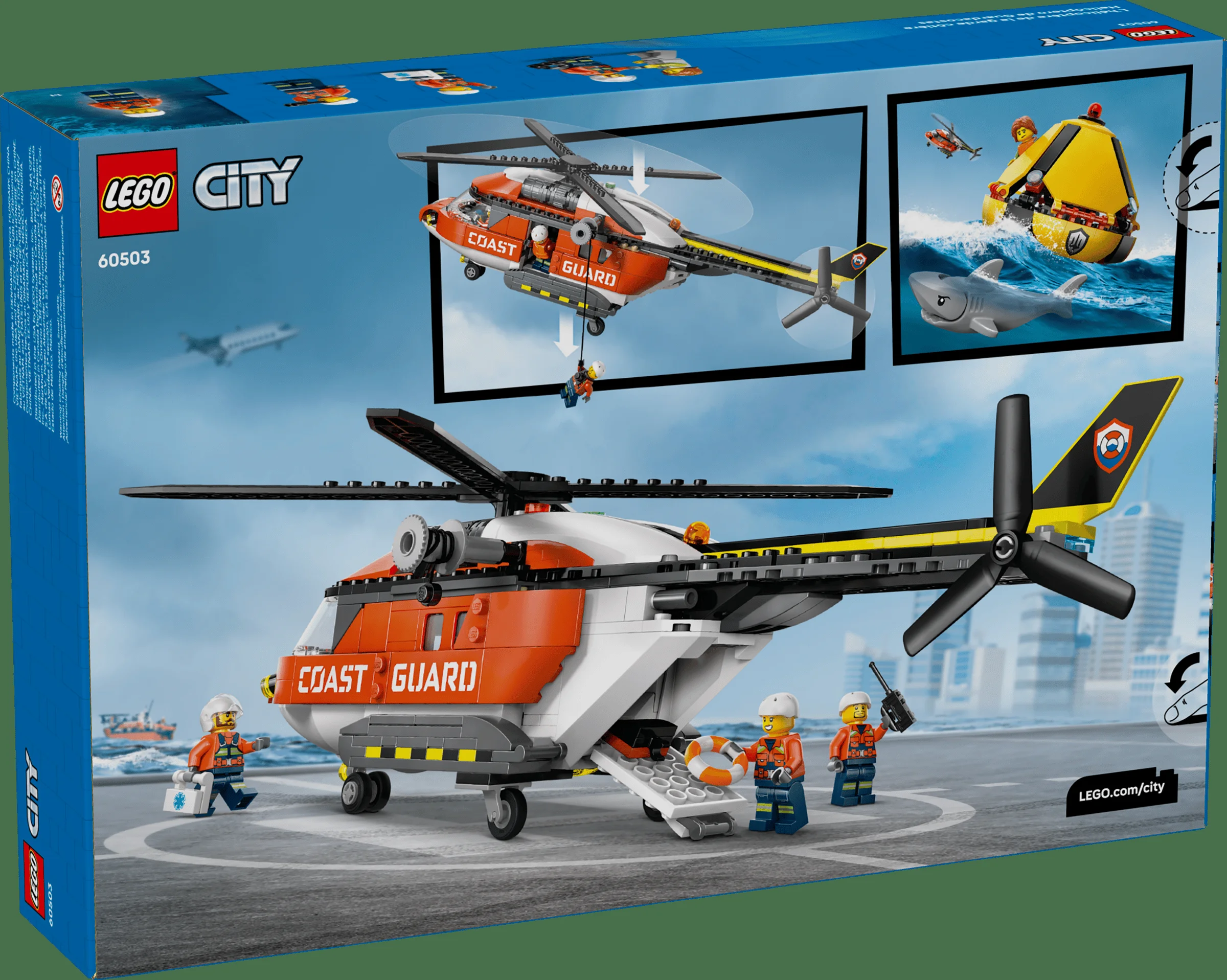 Cutia LEGO City 60503 prezintă elicopterul de salvare cu detalii și minifigurine.