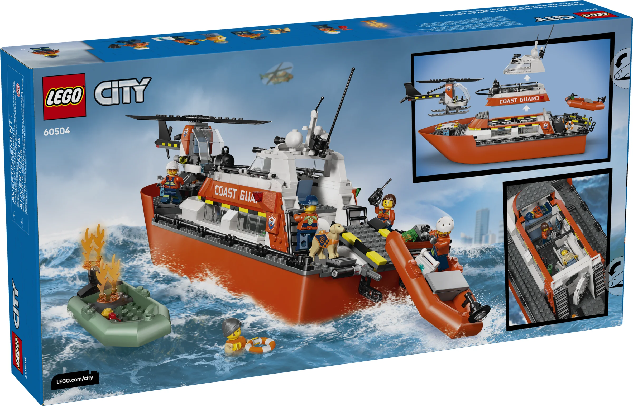 Cutie LEGO City 60504, barcă de salvare cu elicopter. Scenă detaliată cu minifigurine.
