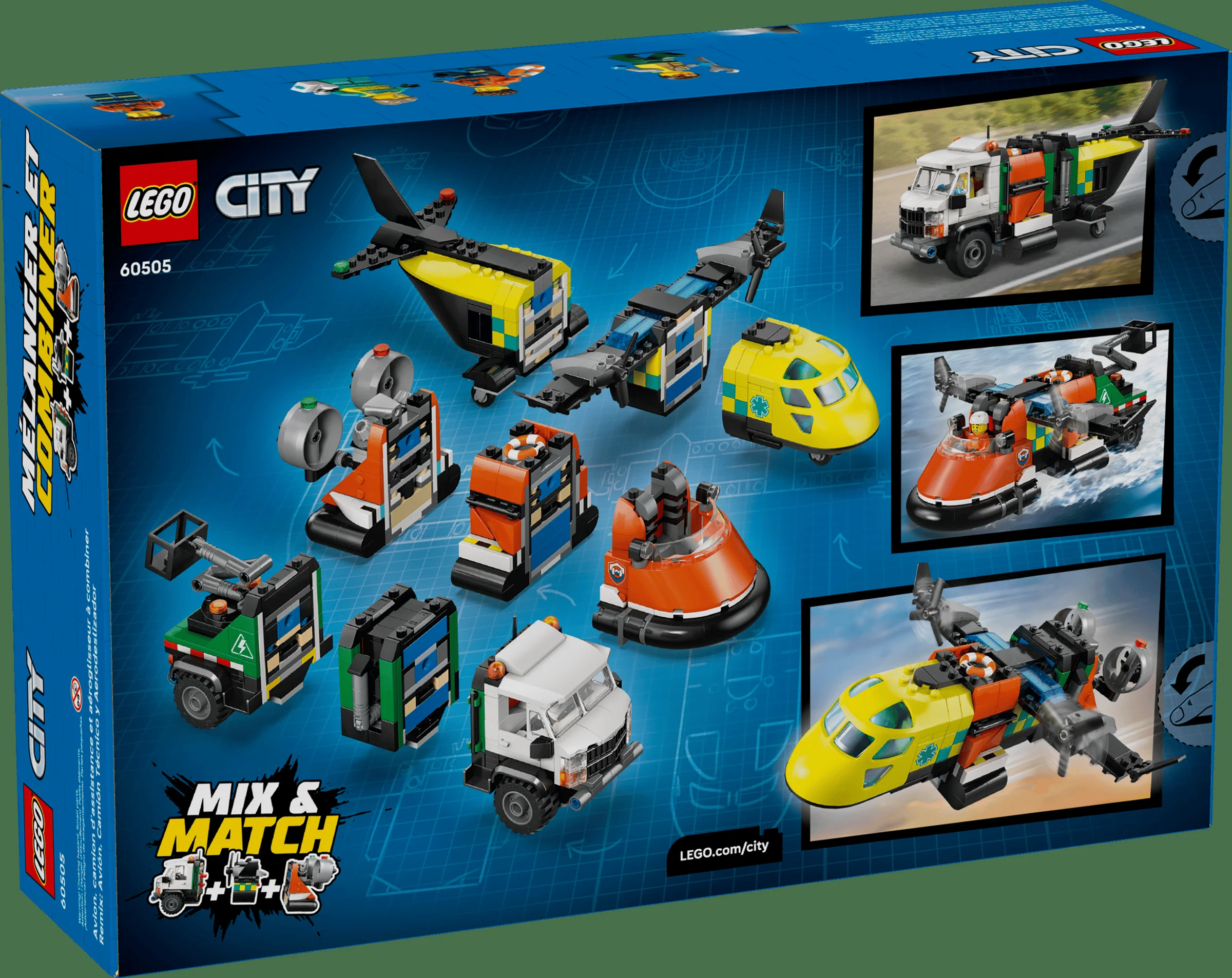 Cutia LEGO City 60505 prezintă modelele mixabile de avion, camion și aeroglisor.