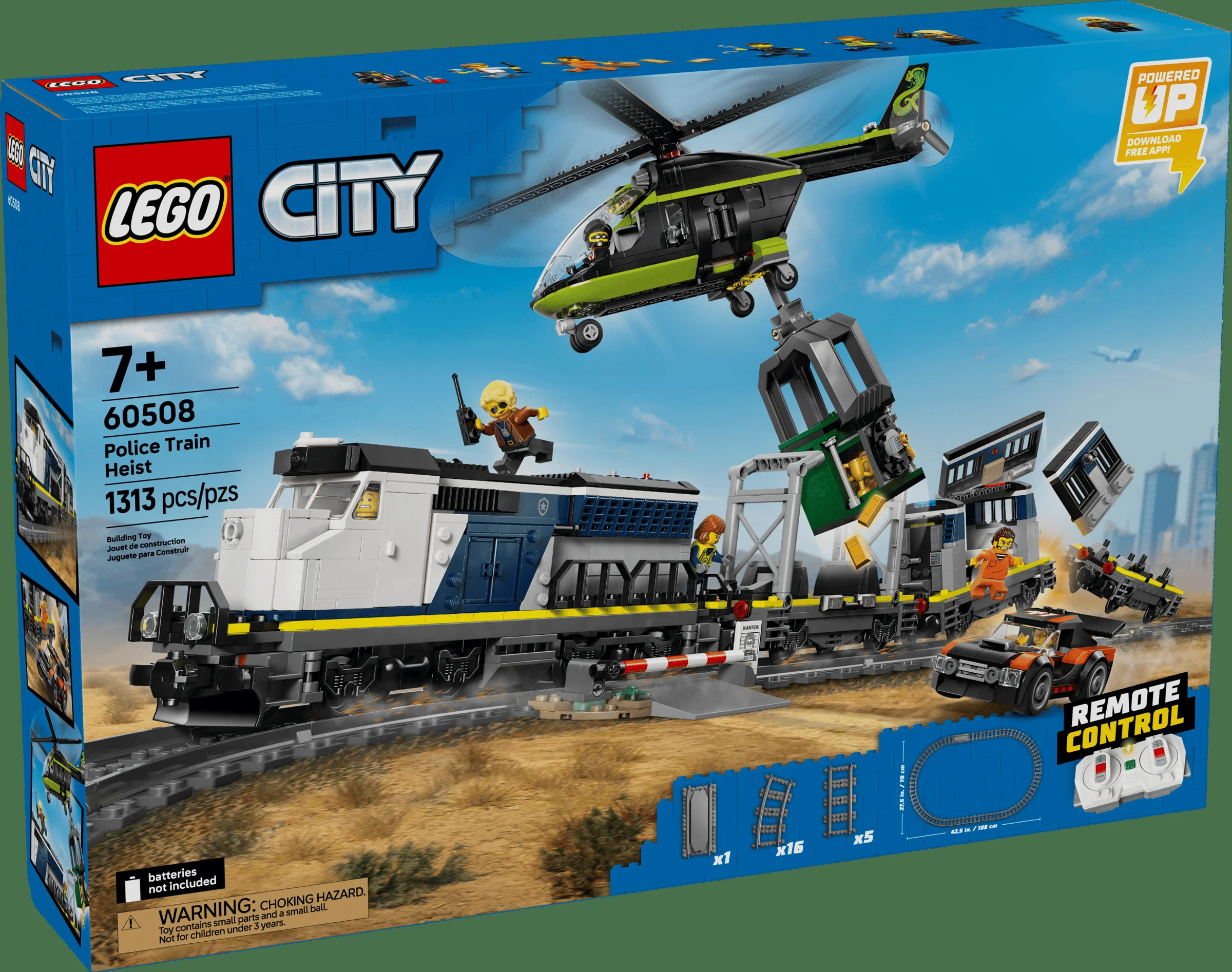 Imaginea prezintă setul LEGO City 60508, cu trenul poliției și elicopterul în timpul unui jaf spectaculos.