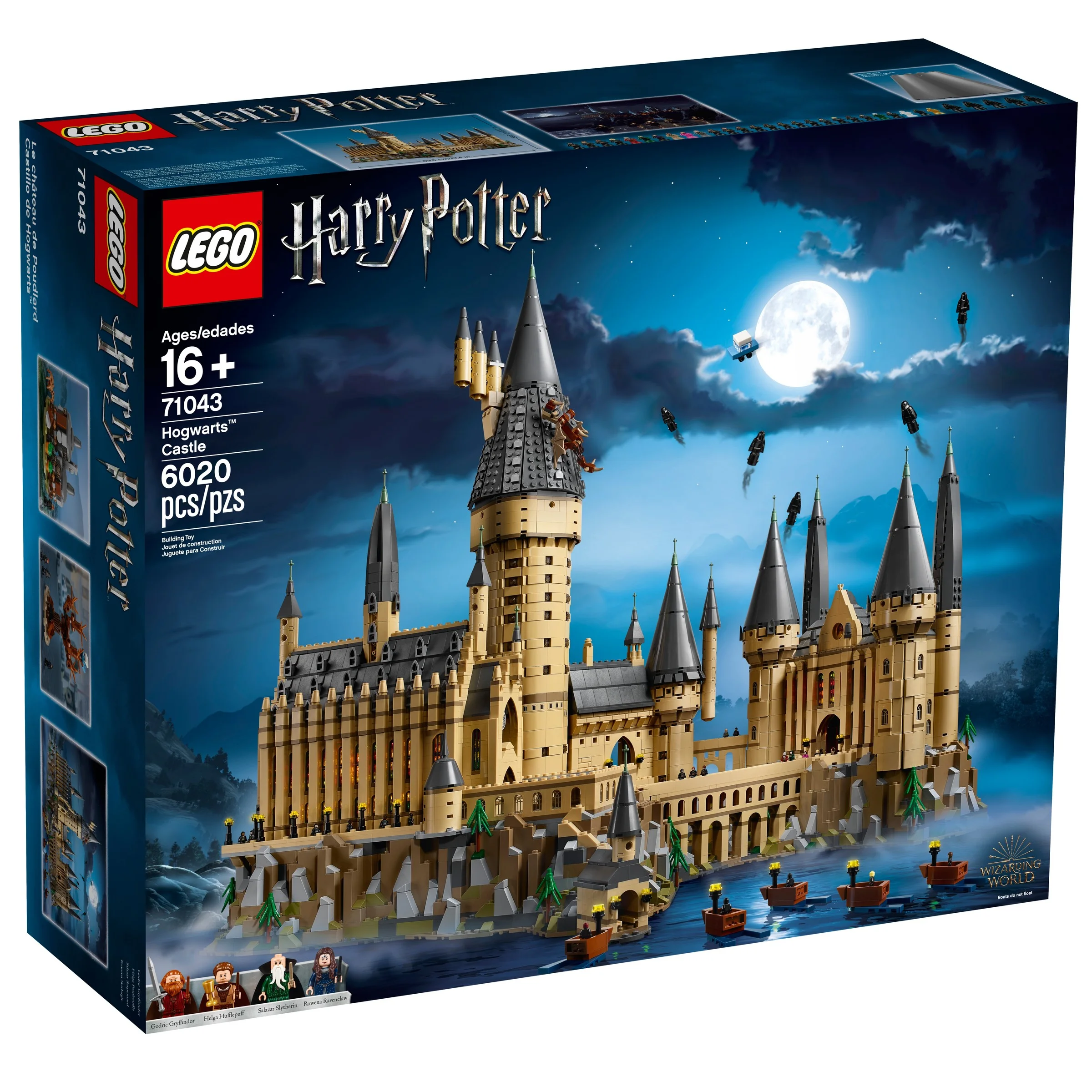 Cutia setului LEGO 71043 Castelul Hogwarts, cu imaginea modelului și a minifigurinelor incluse.