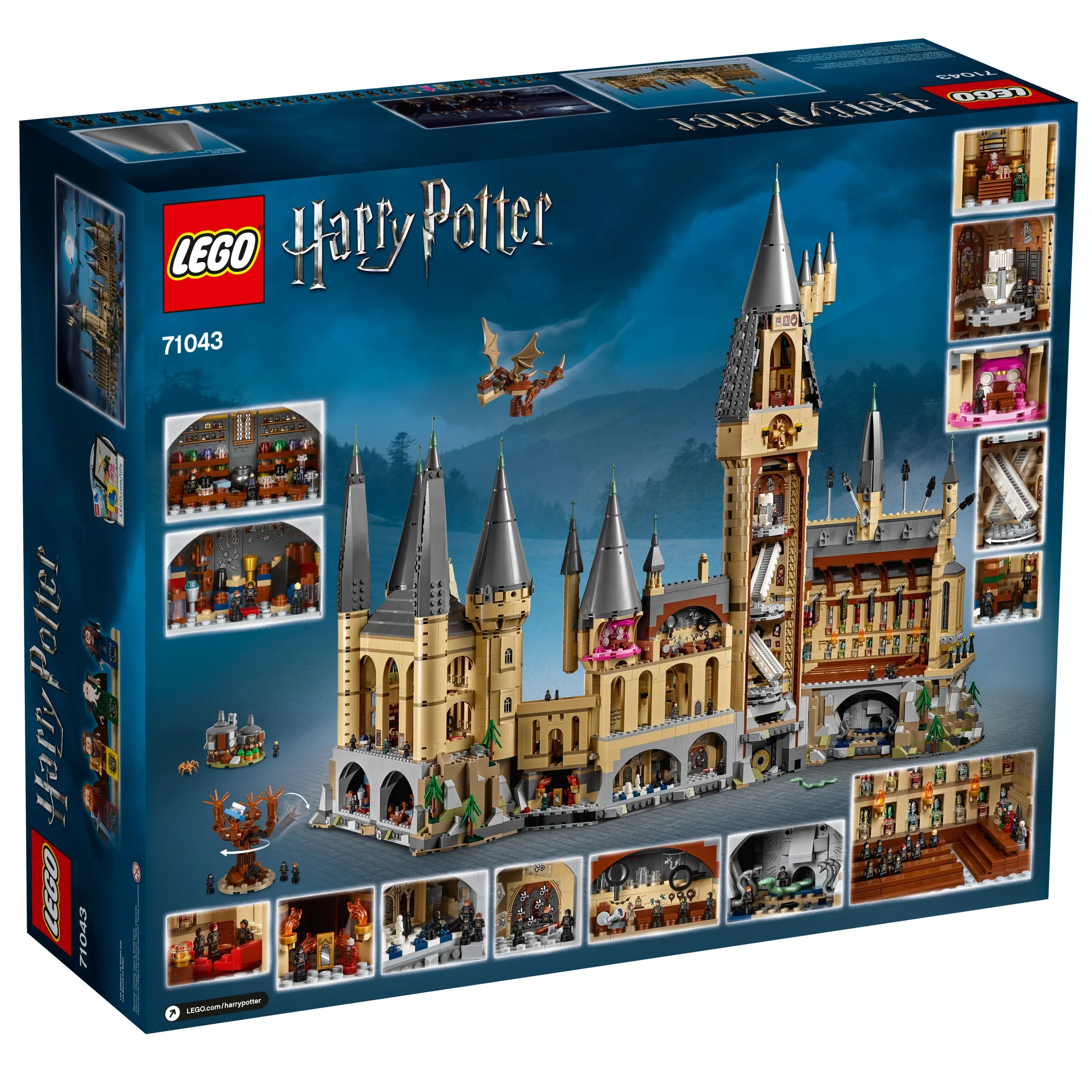 Cutia setului LEGO 71043 Hogwarts Castle, detaliind modelul și funcțiile sale.