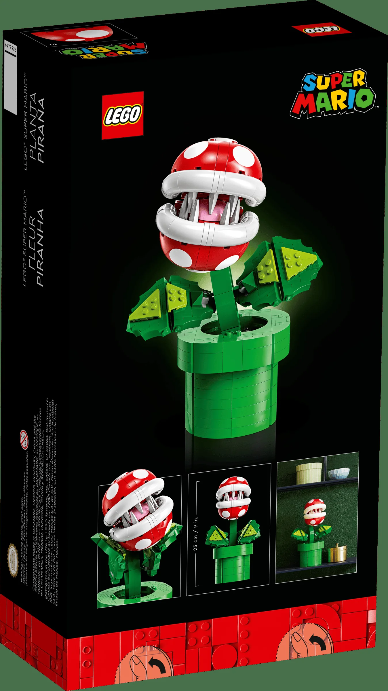Imaginea cutiei LEGO® Super Mario™ 71426 cu Planta Piranha, detaliind modelul și dimensiunile sale.