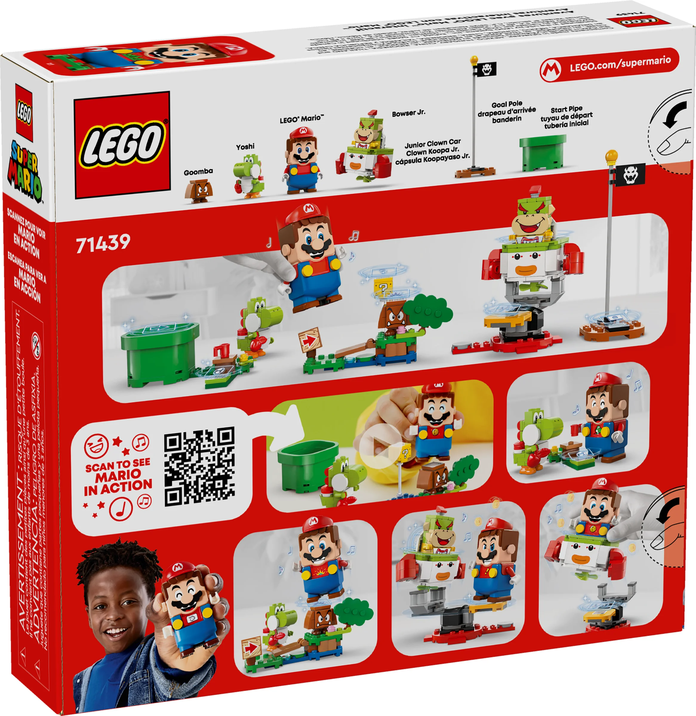 Imagine cu spatele cutiei setului LEGO Super Mario 71439, cu diverse scene interactive.