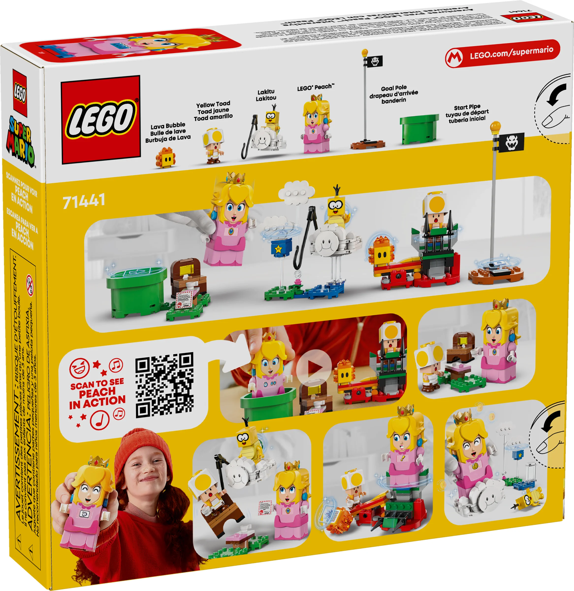 Cutia setului LEGO 71441, cu minifigurinele Peach, Lakitu și Toad galben prezentate. Vezi aventurile lui Peach!