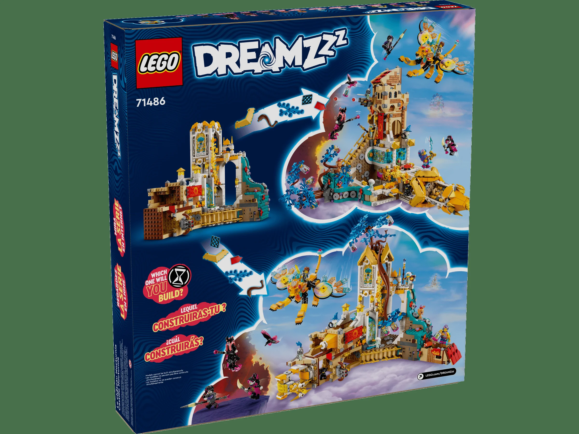 Imaginea prezintă spatele cutiei LEGO DREAMZzz 71486 Castelul Nocturnia, cu modelele alternative.