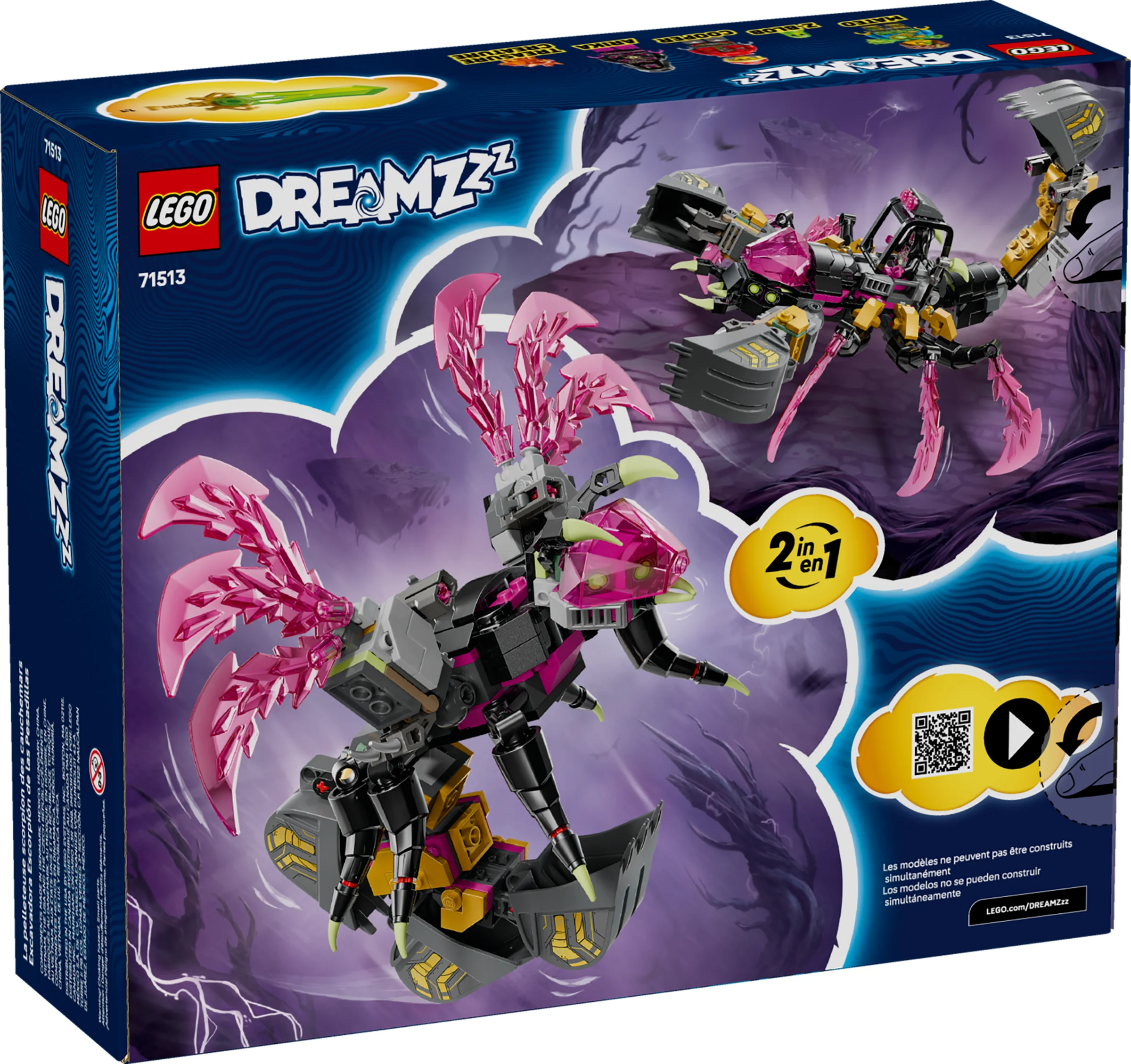 Cutia setului LEGO DREAMZzz 71513, cu cele două modele alternative ilustrate.
