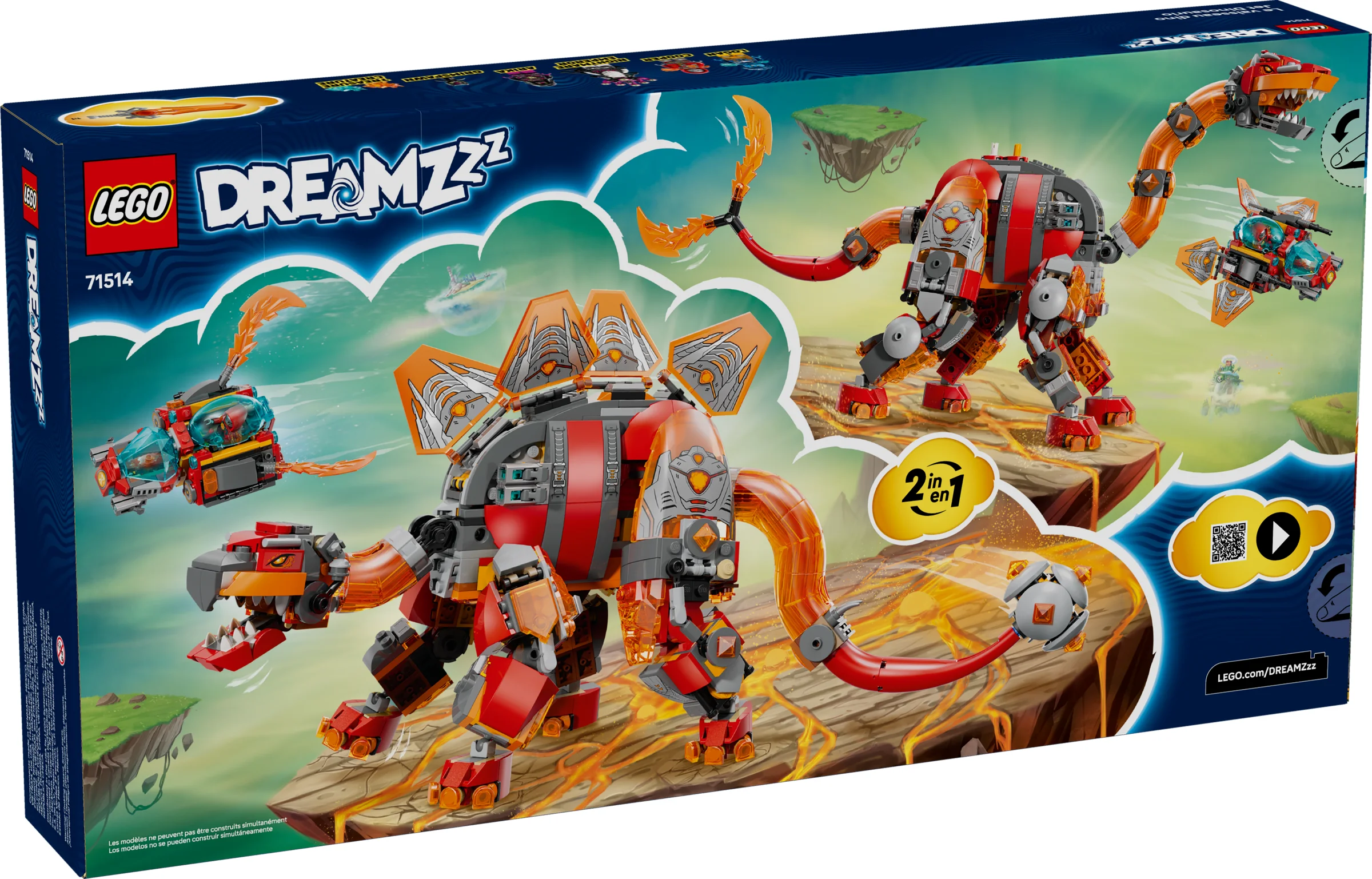 Cutie LEGO Dreamzzz 71514 cu dinozaur-avion roșu-portocaliu. 2 în 1: Stegosaurus sau T-Rex.