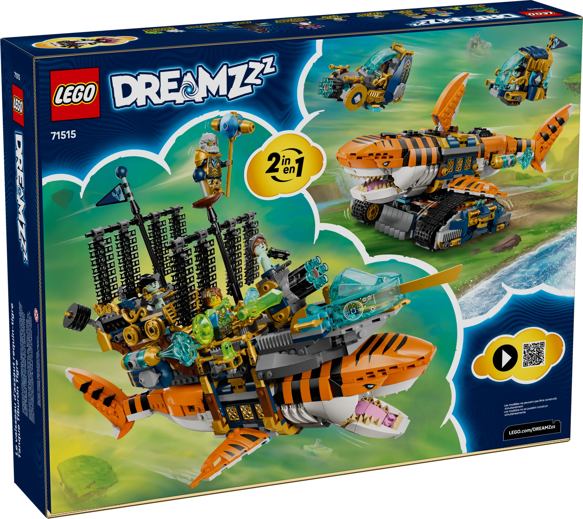 Cutia setului LEGO Dreamzzz 71515, cu nava-rechin tigru și varianta sa de tanc.
