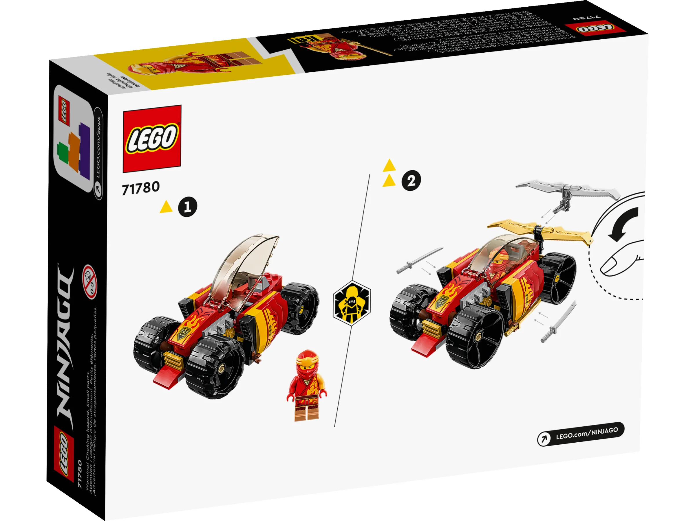 Cutie set LEGO 71780 Kai's Ninja Race Car EVO, arătând etapele de evoluție ale mașinii.