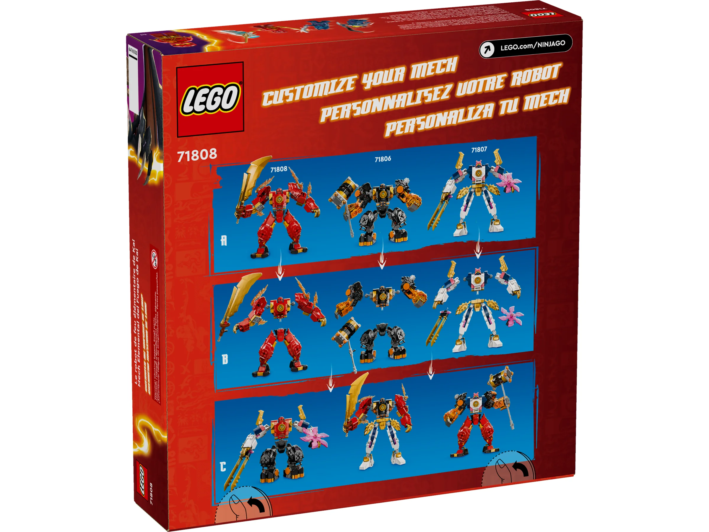 Spatele cutiei LEGO 71808, ce prezintă opțiuni de personalizare a roboților.
