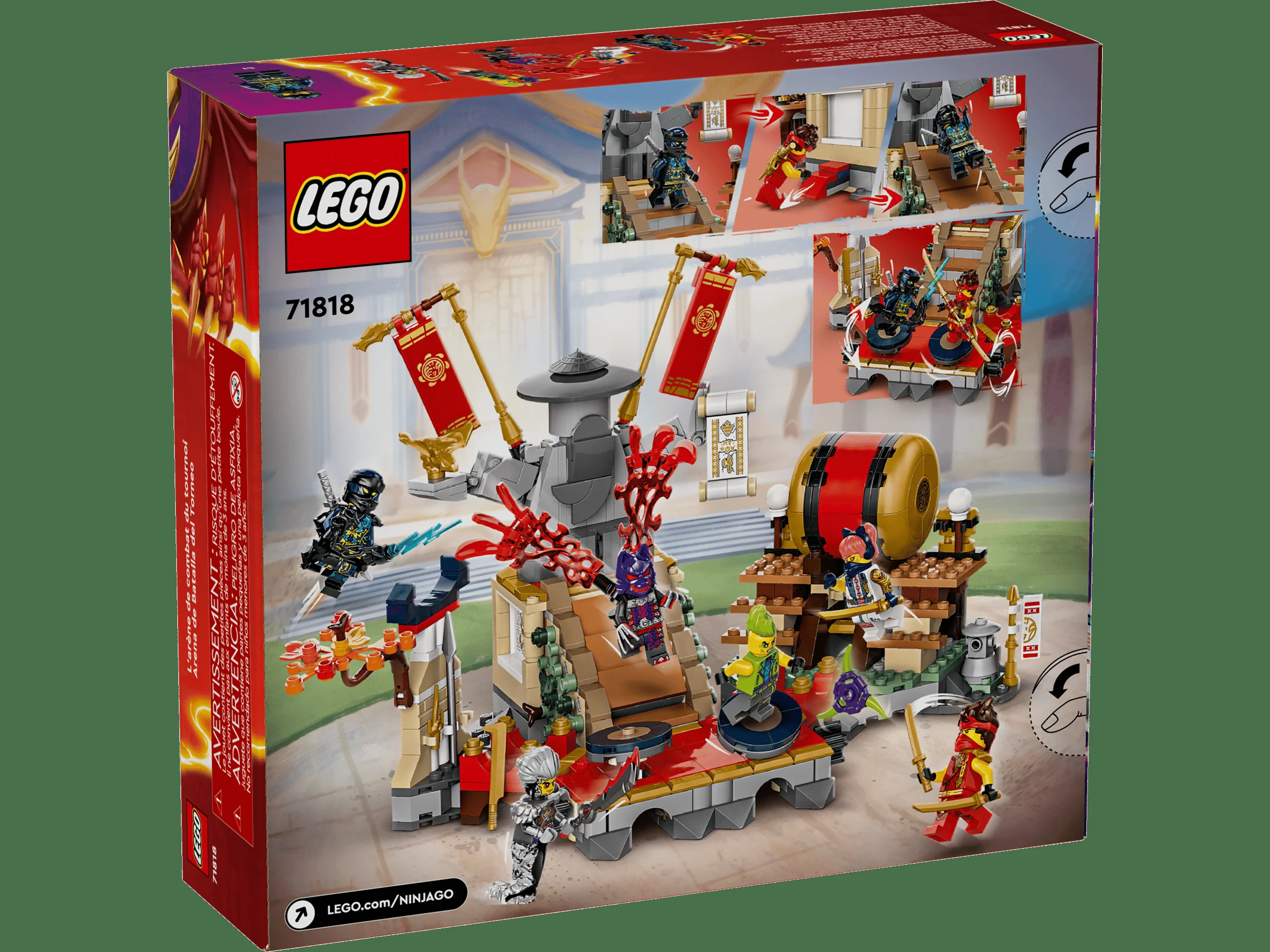 Cutia setului LEGO 71818, cu arena de luptă din turneul Ninjago și minifigurinele incluse.