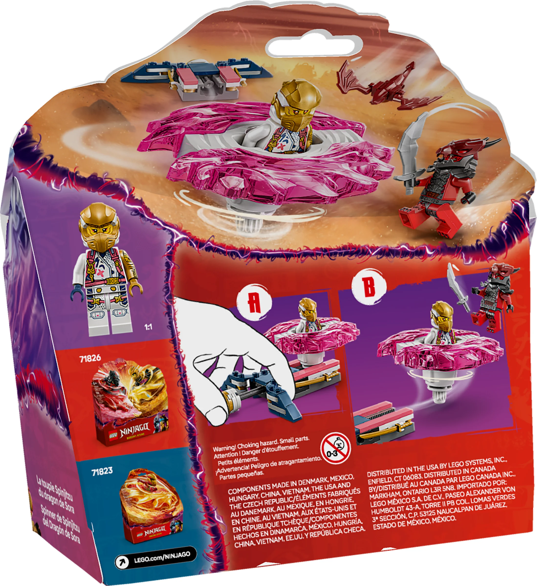 Cutia setului LEGO Ninjago 71824, cu Sora și spinnerul ei de dragon, plus detalii.