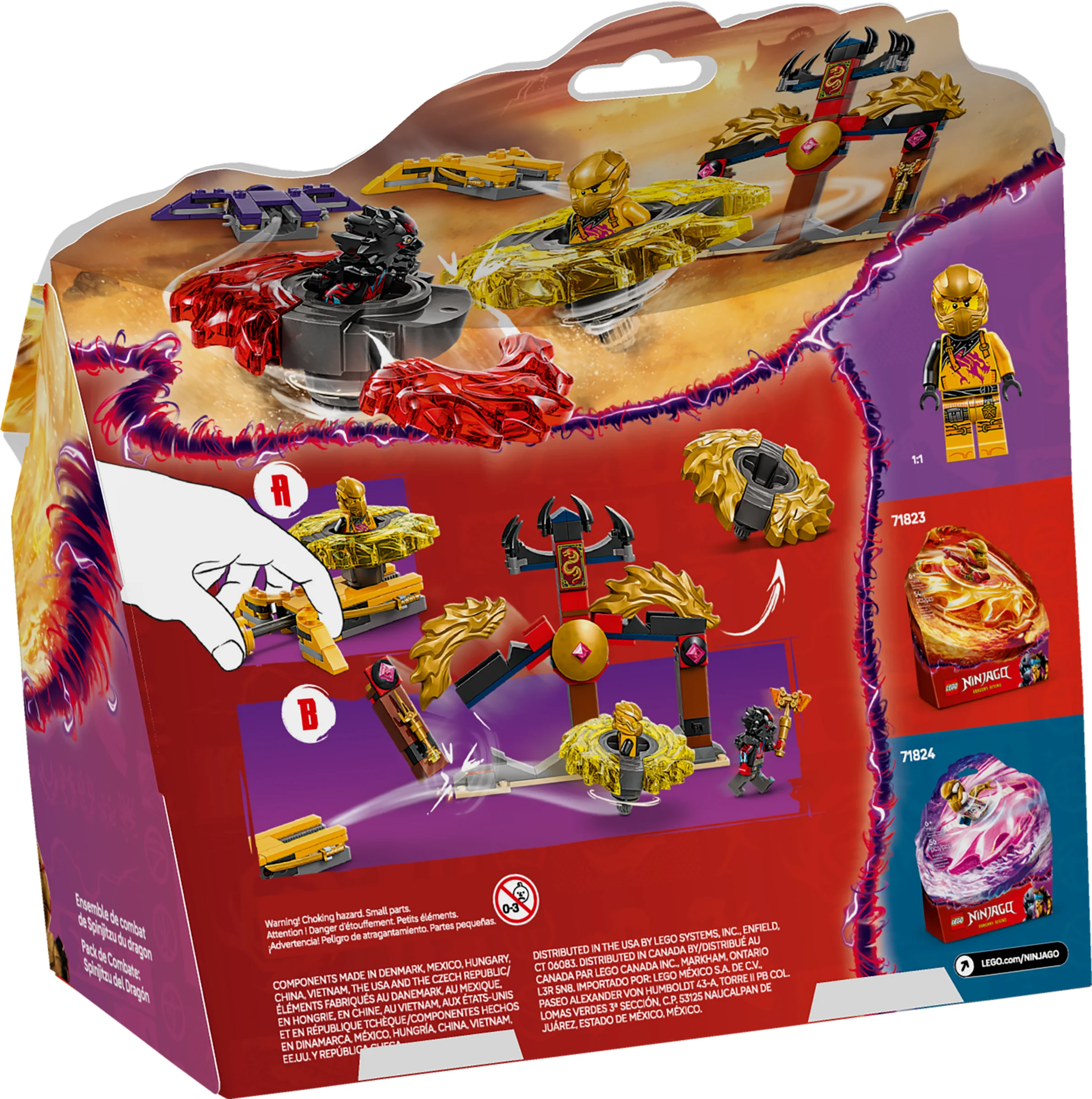 Imagine cu spatele cutiei setului LEGO Ninjago 71826, prezentând caracteristici și minifigurine. Avertismentele sunt vizibile.