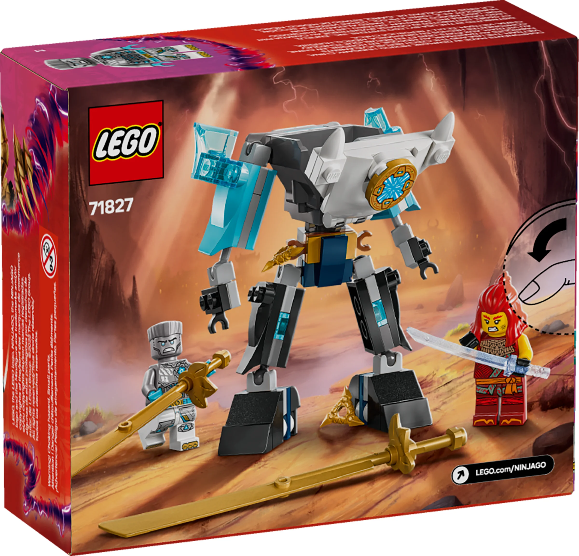 Imagine cu cutia setului LEGO Ninjago 71827, cu robotul Zane, minifigurinele Zane și Jordana.
