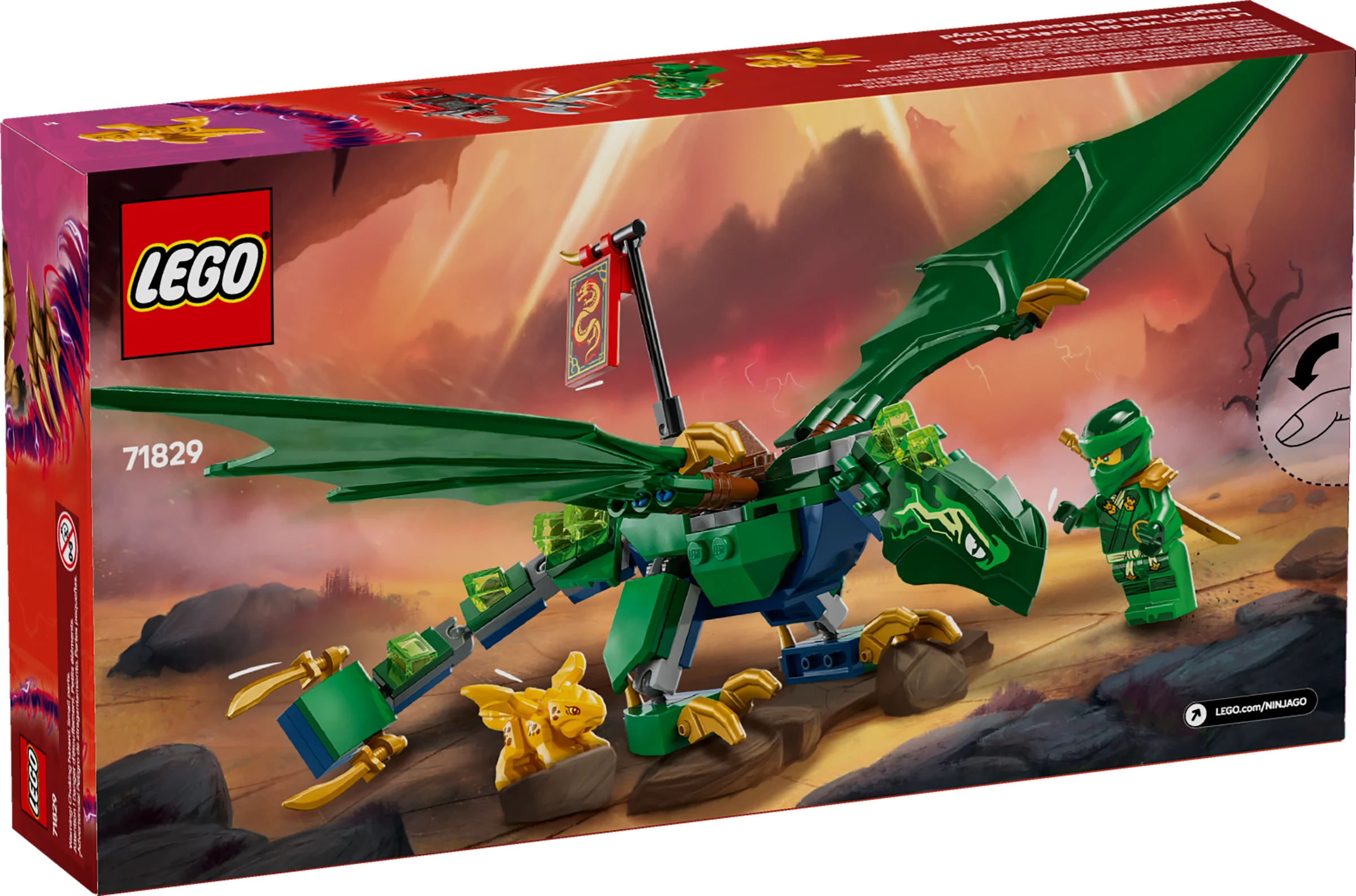 Cutia LEGO Ninjago 71829 cu dragonul verde al lui Lloyd și minifigurina Lloyd.