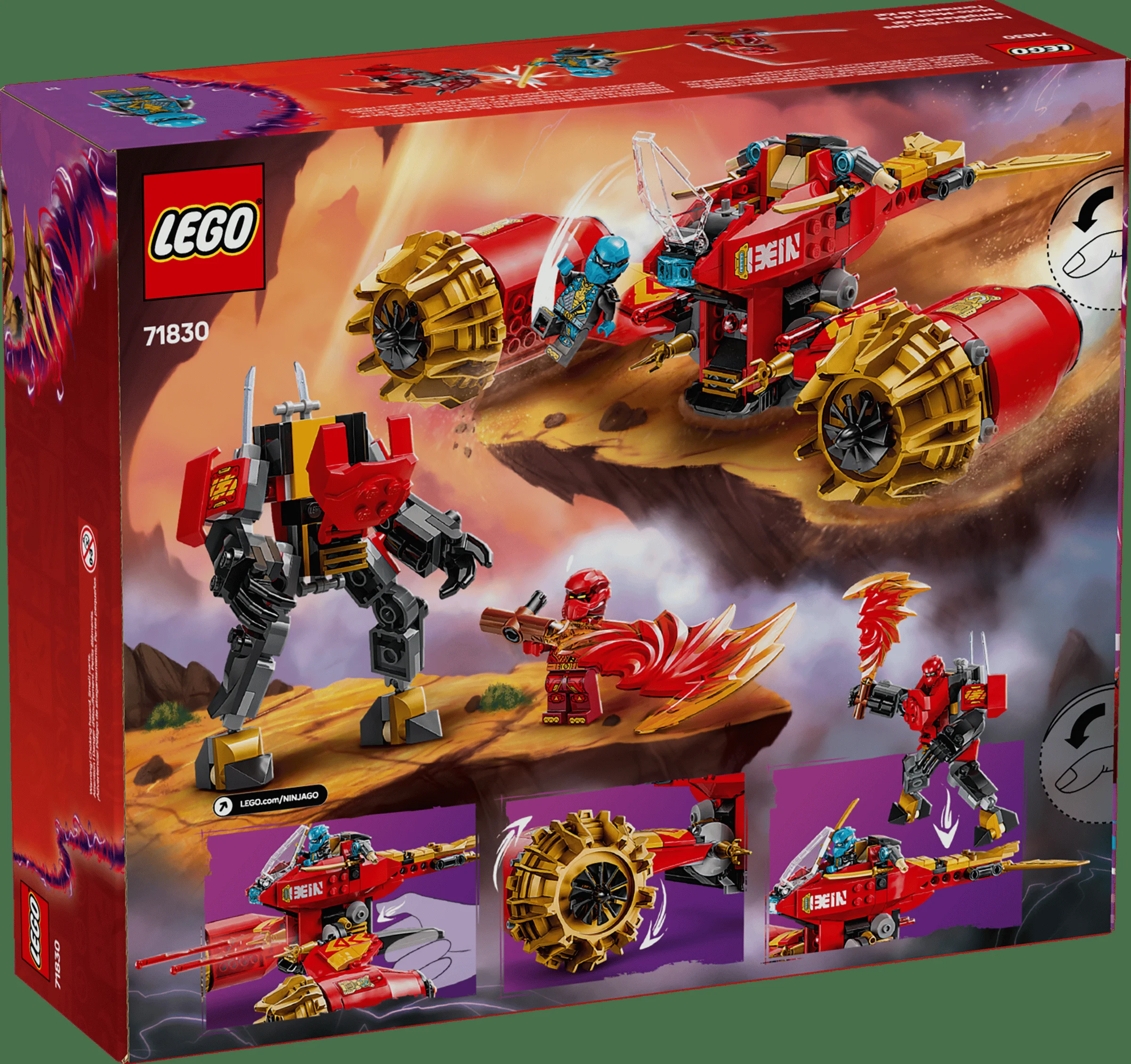 Imaginea arată cutia setului LEGO 71830, Kai's Mech Storm Rider, cu modelele și minifigurinele incluse.