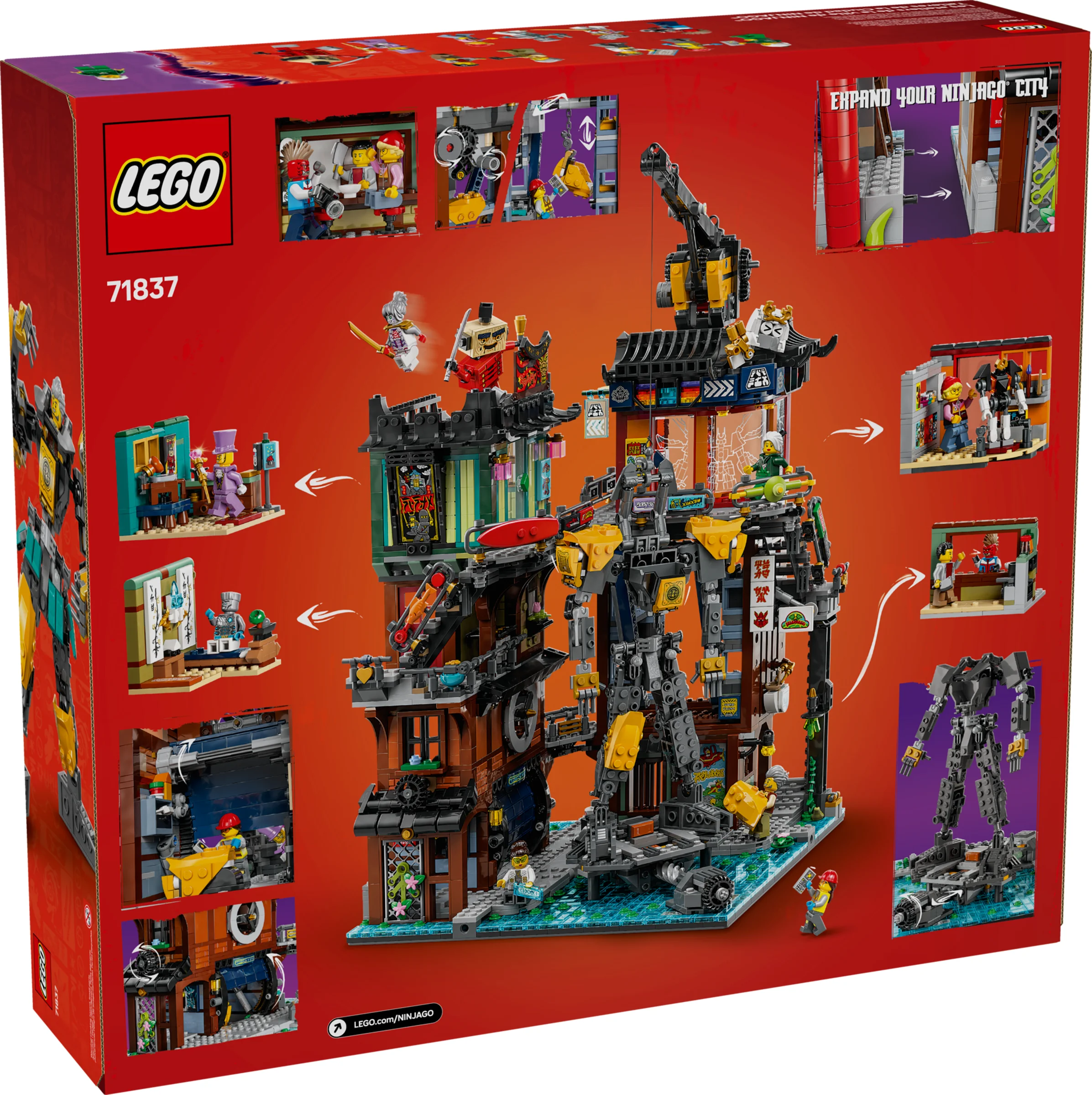 Imaginea cutiei setului LEGO Ninjago 71837, cu detalii despre ateliere și funcții. O alegere excelentă pentru fani.