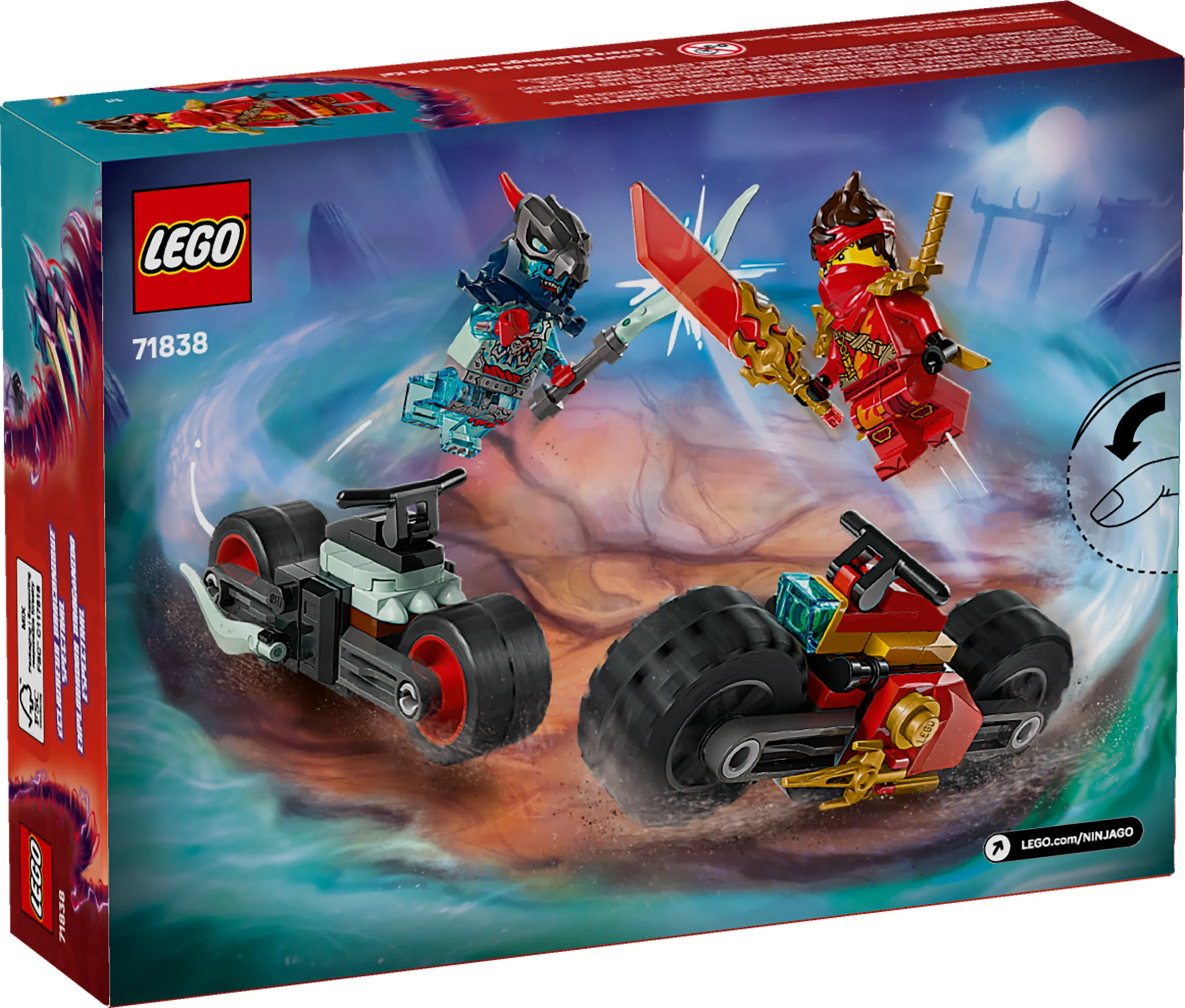 Cutia setului LEGO Ninjago 71838 prezintă motocicletele lui Kai și rivalul său, într-o scenă de acțiune.
