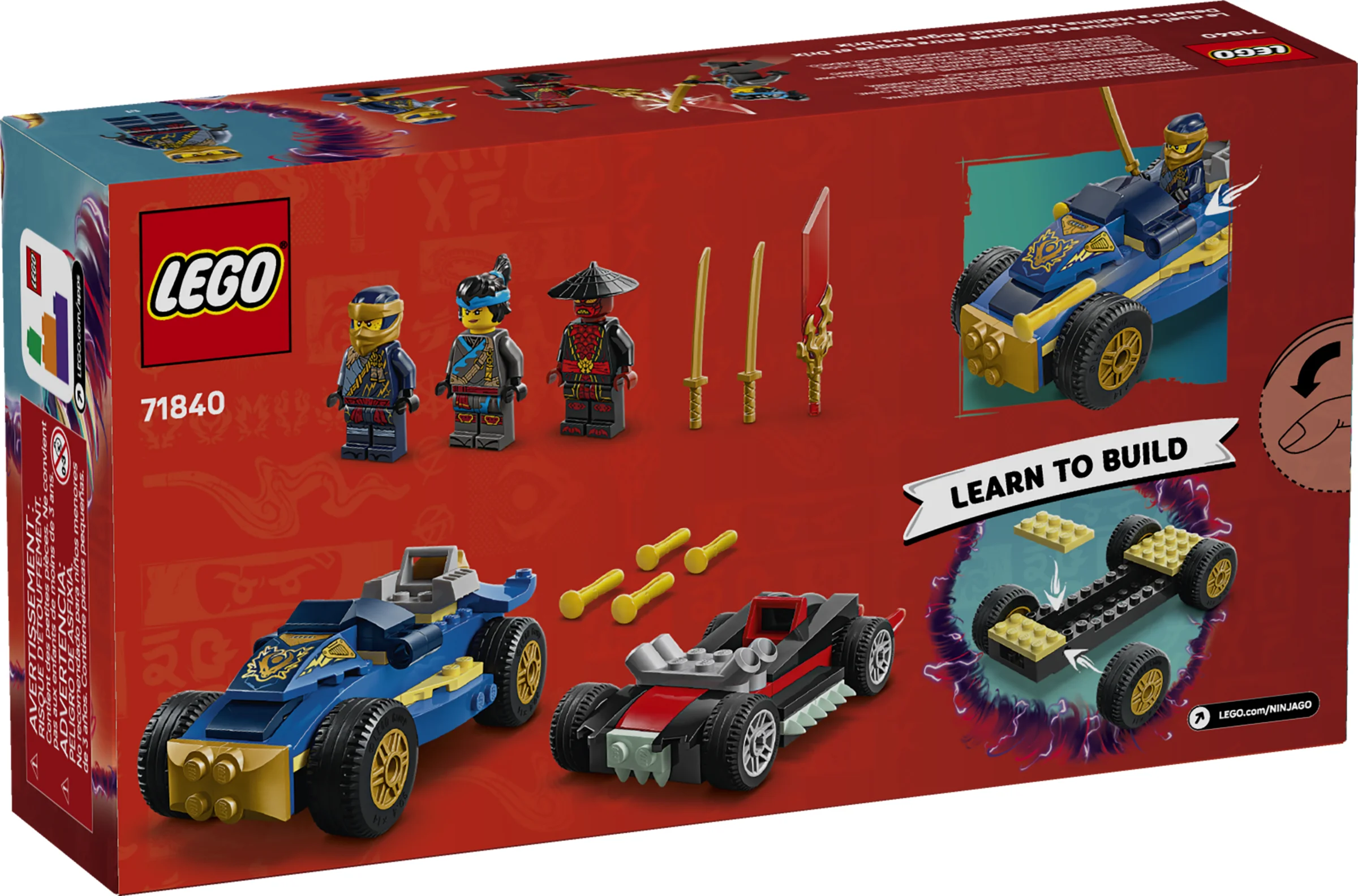 Cutia setului LEGO Ninjago 71840, cu minifigurinele și cele două mașini de curse.