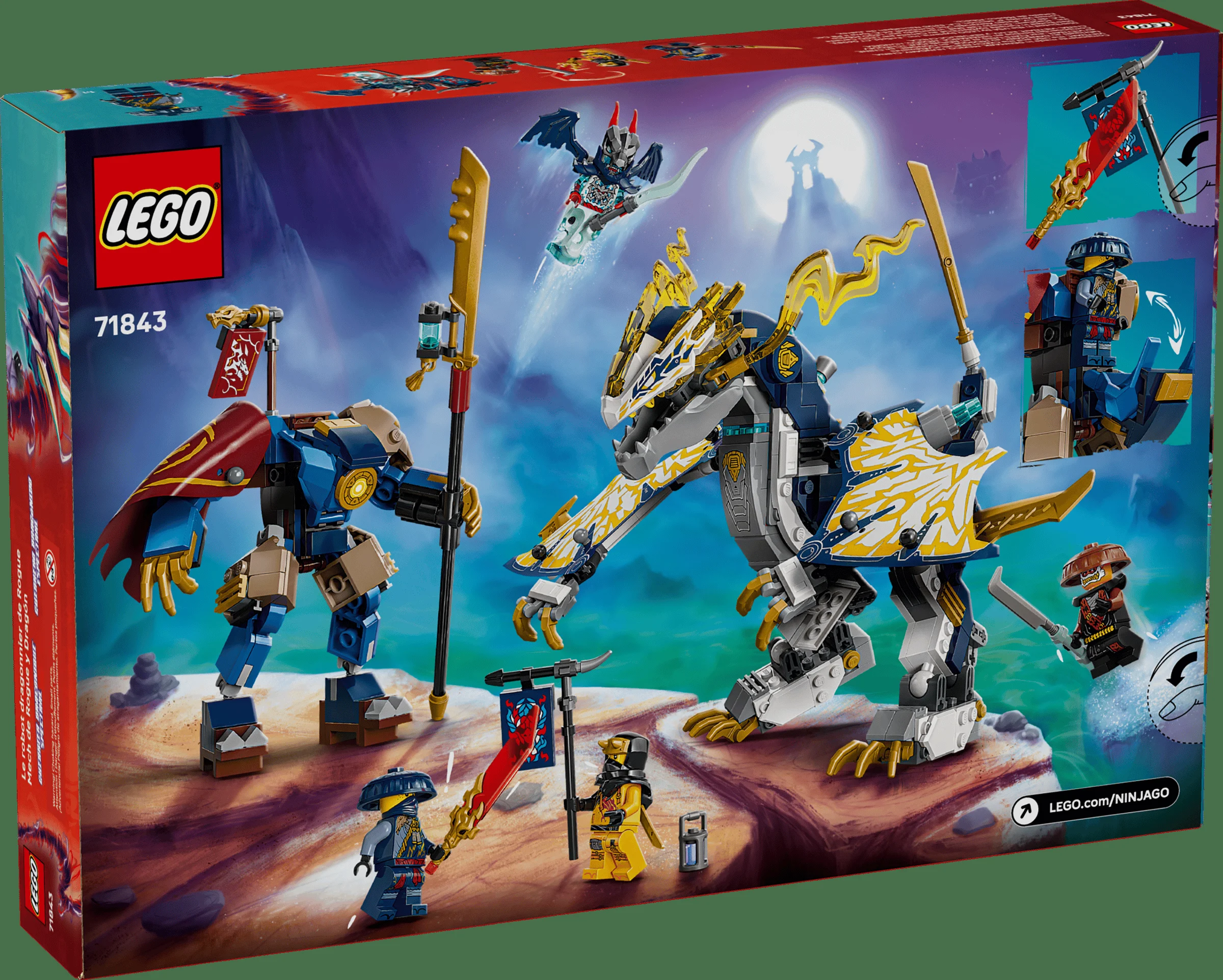 Cutia setului LEGO Ninjago 71843, cu robotul și dragonul Rogue, plus minifigurine.