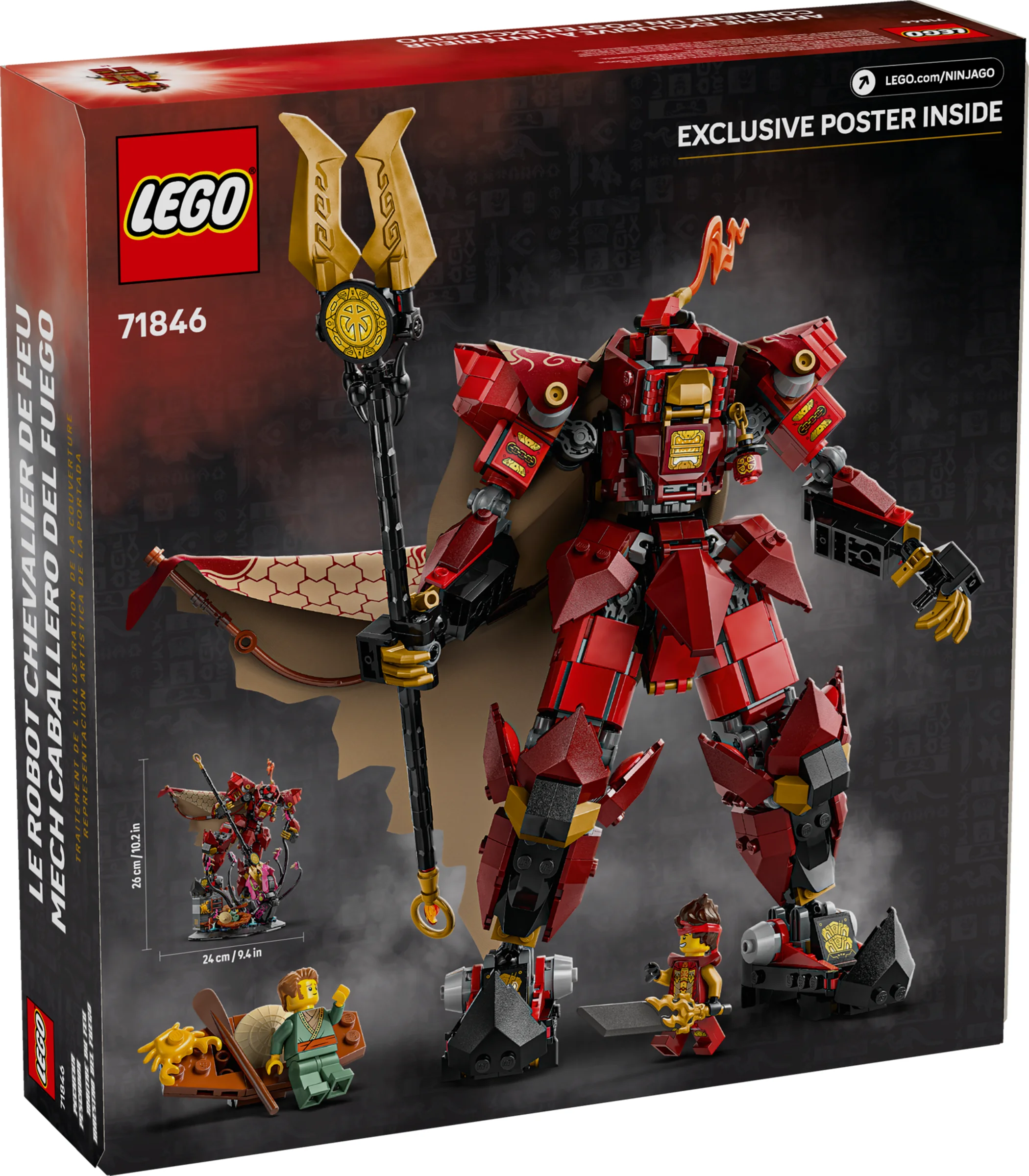Cutia LEGO 71846 prezintă robotul Cavalerul de Foc, figurine și o barcă. Poster exclusiv în interior.