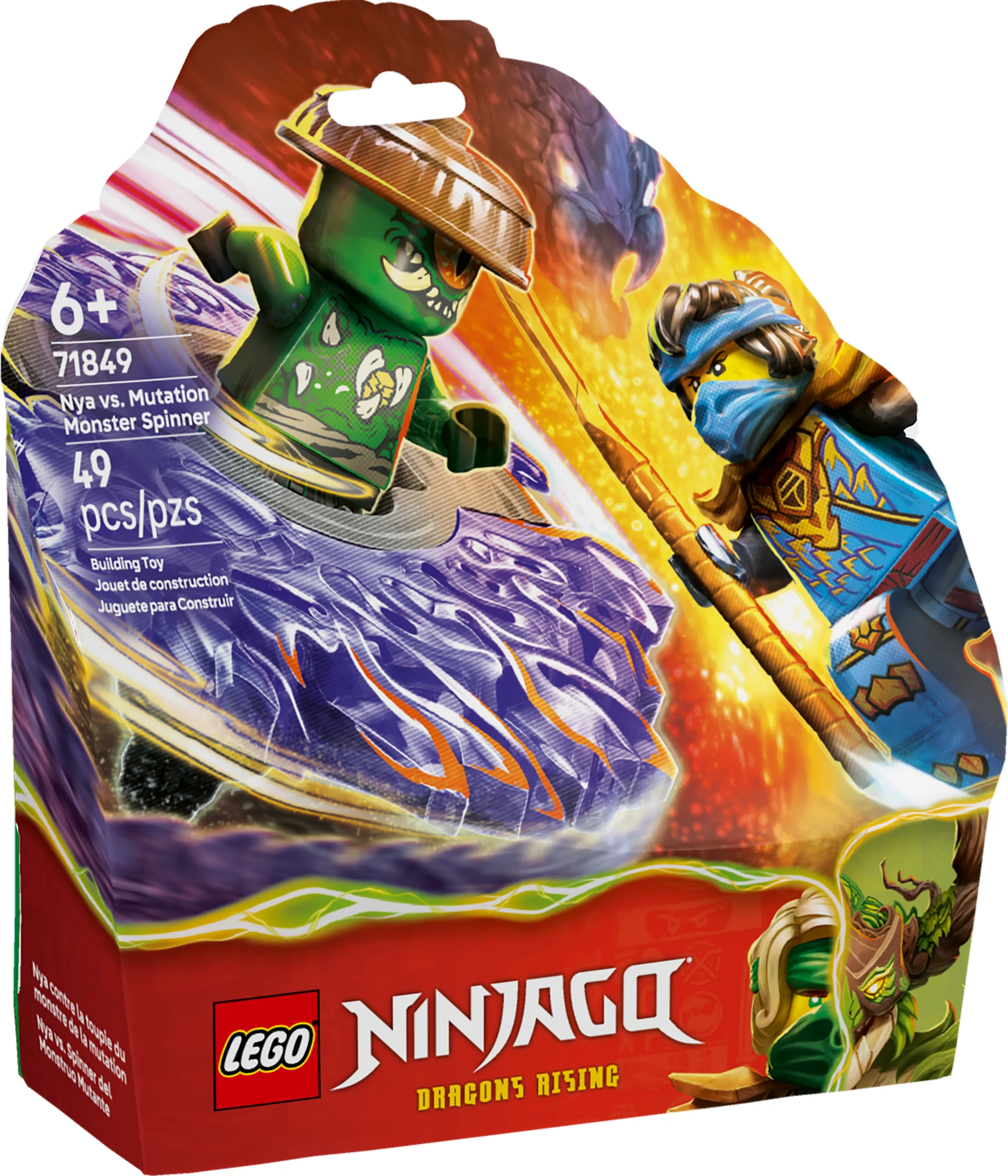 Cutia setului LEGO Ninjago 71849, prezentând minifigurinele și spinnerul de luptă. Imagine vibrantă și plină de acțiune.