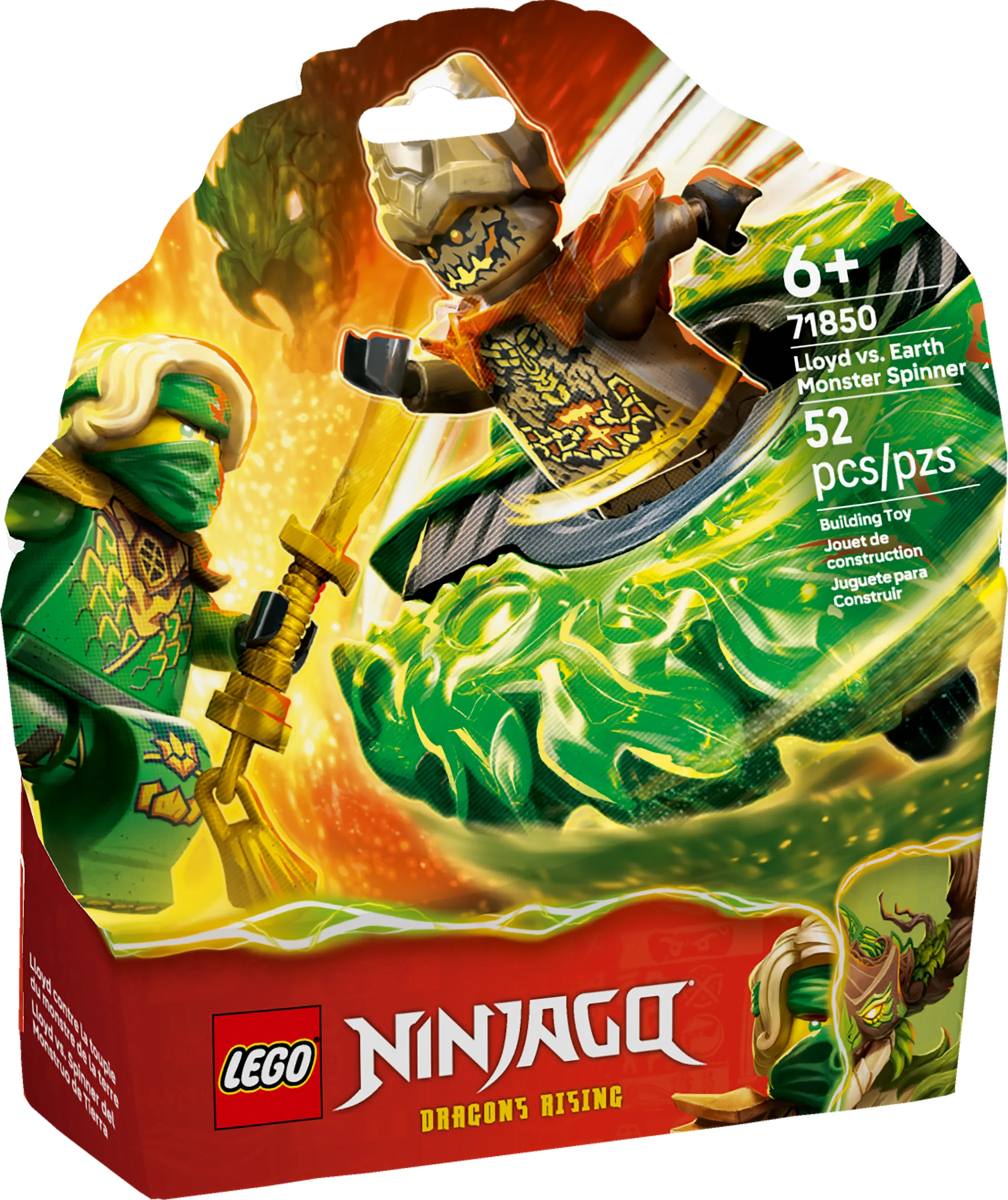 Imagine cu cutia setului LEGO Ninjago 71850, Lloyd contra Monstrul Pământului. Setul include minifigurinele Lloyd și un monstru.