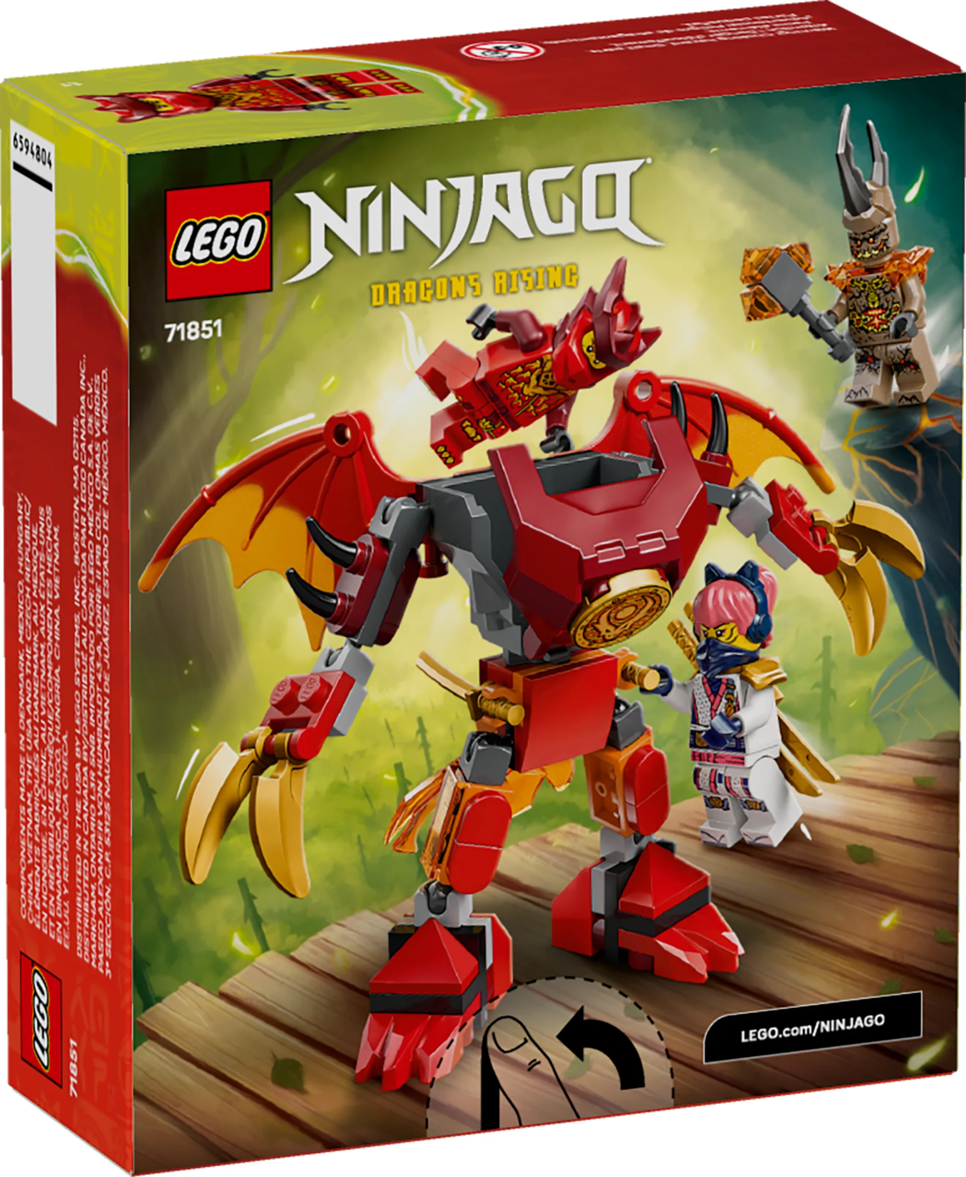 Imagine cu cutia setului LEGO Ninjago 71851, ce prezintă dragonul mech și minifigurinele incluse.