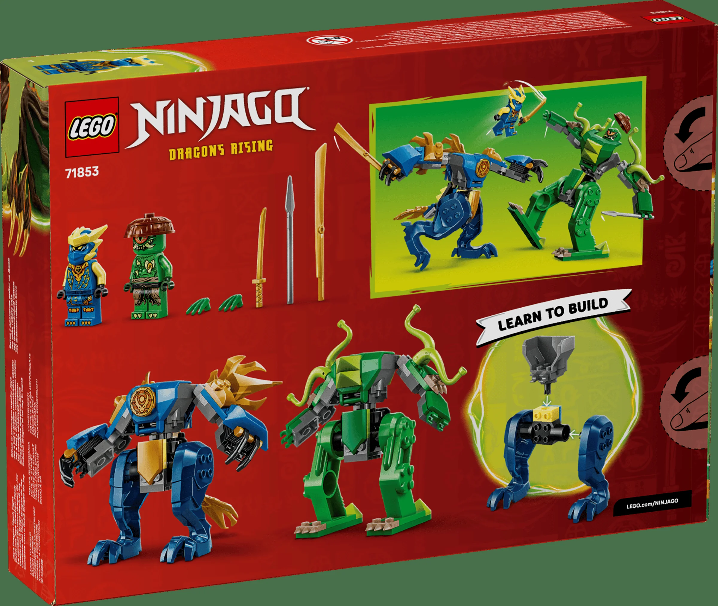 Spatele cutiei LEGO Ninjago 71853, cu minifigurine și funcții prezentate. Instrucțiuni de construcție.