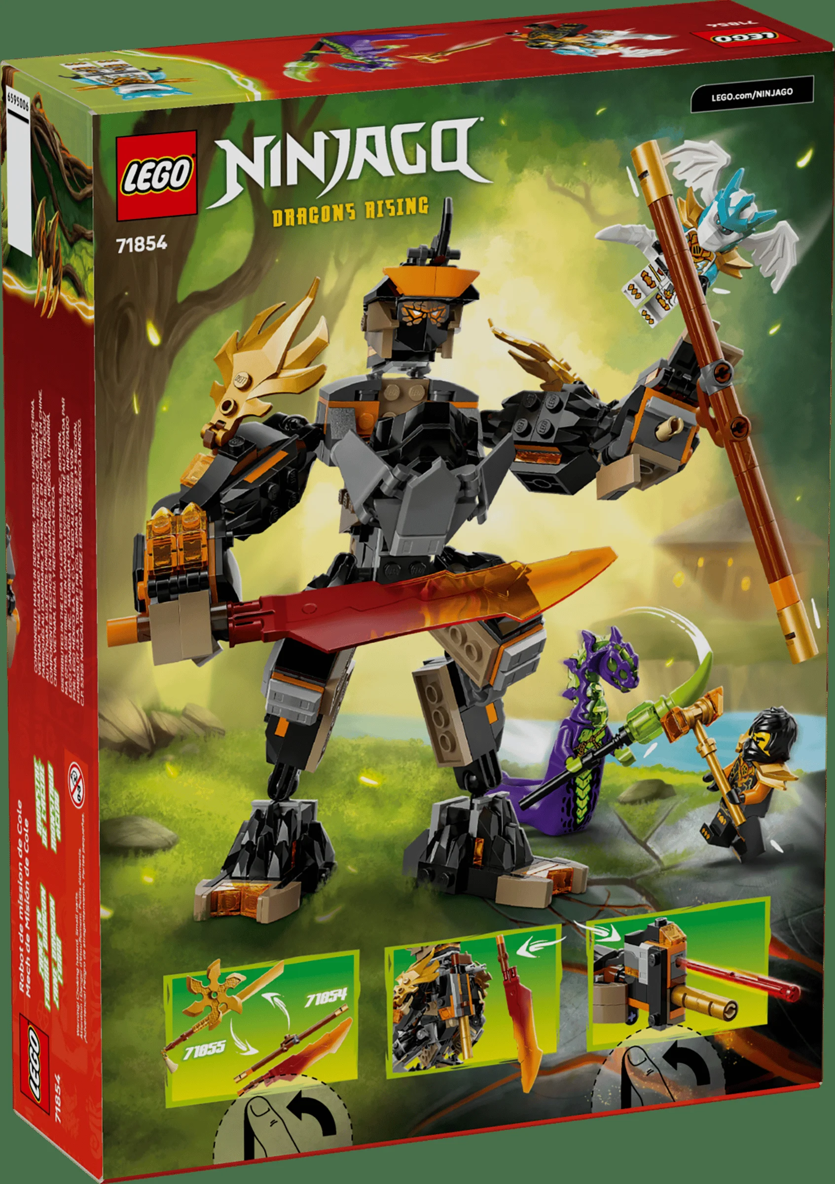 Cutia LEGO Ninjago 71854, cu robotul lui Cole, dragonul și minifigurinele într-o scenă din pădure.
