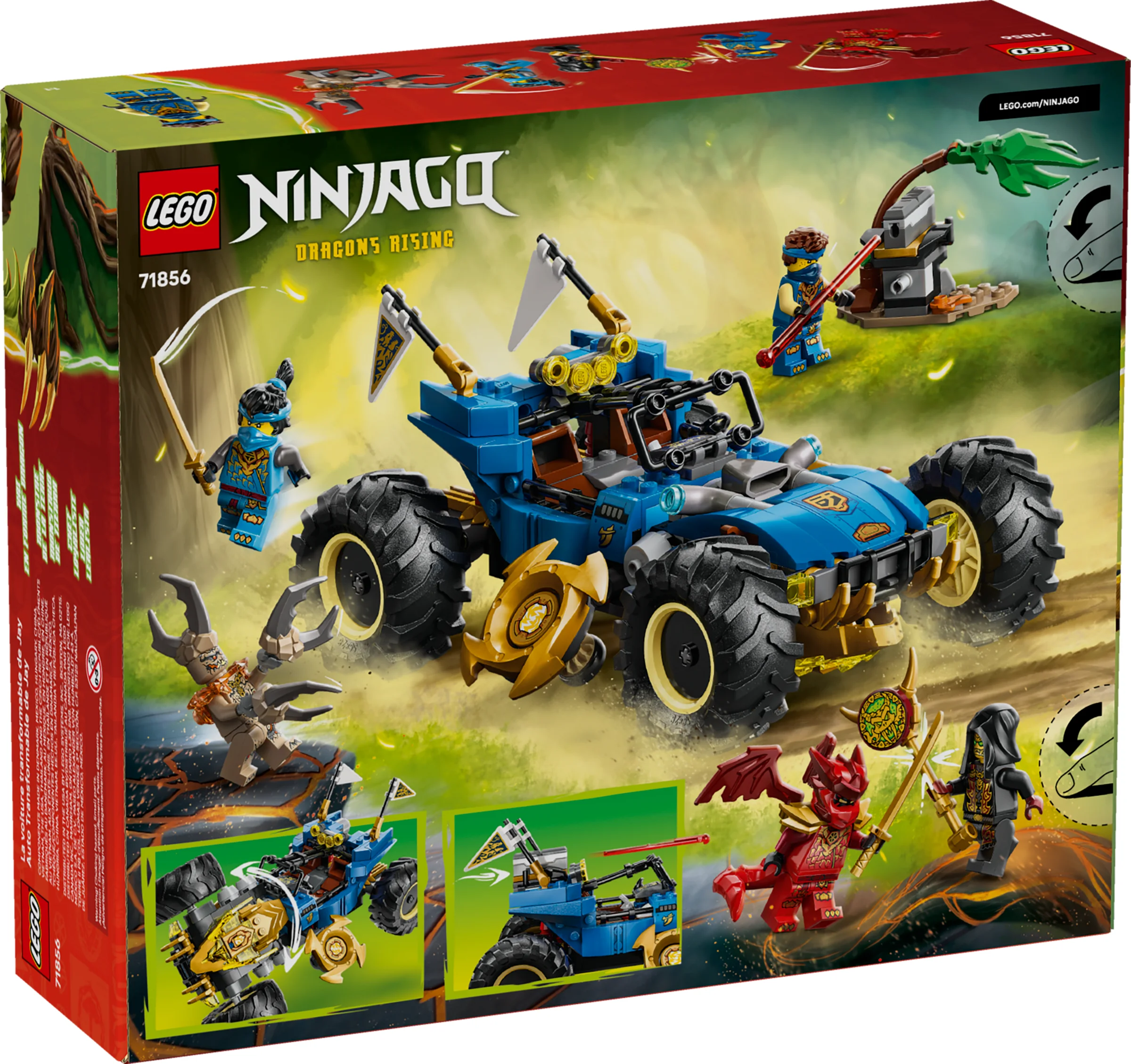 Cutia setului LEGO 71856, cu mașina transformabilă a lui Jay și minifigurinele incluse.