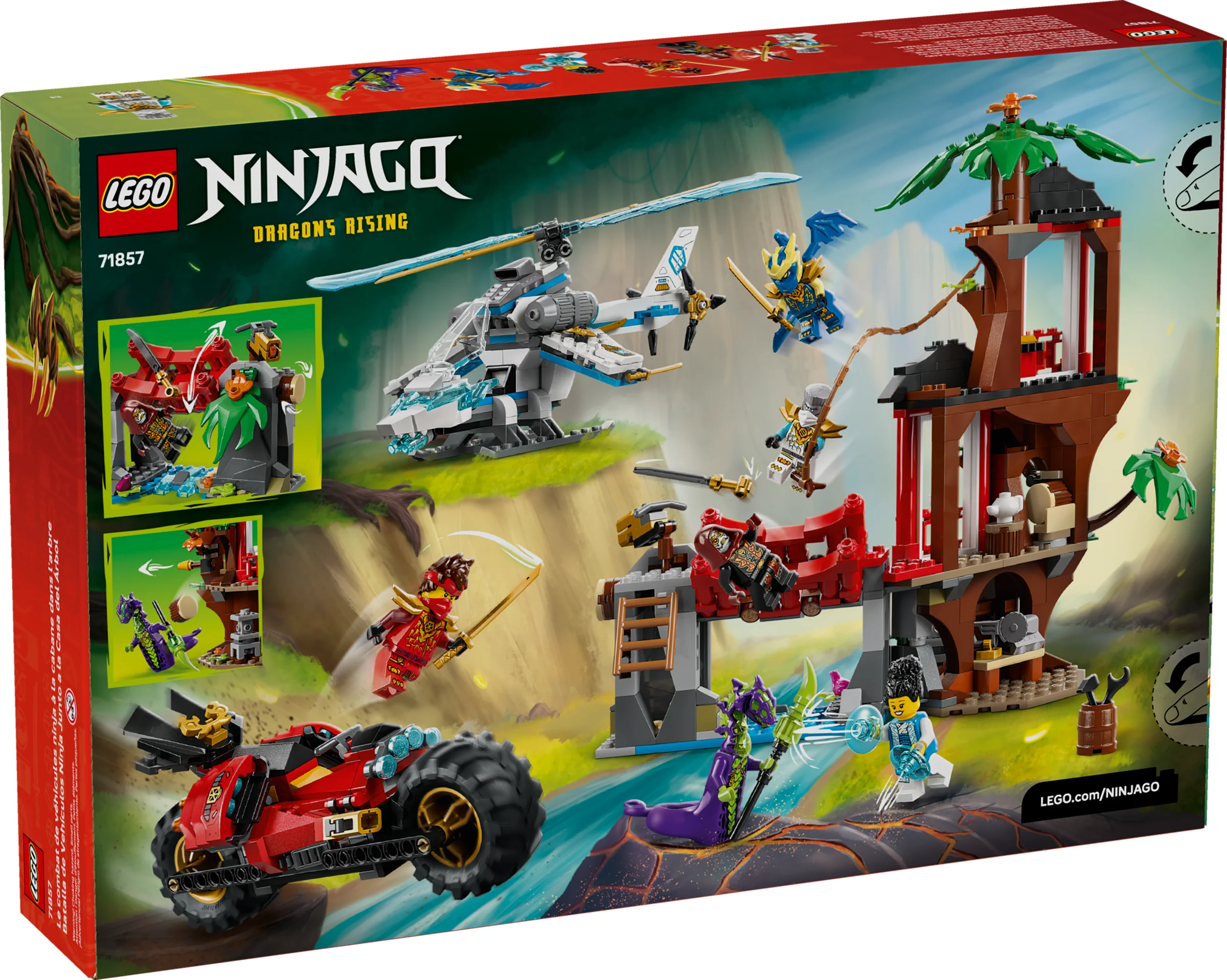 Cutia setului 71857 Ninjago cu casa în copac și vehicule ninja. Acțiune intensă prezentată pe cutie.