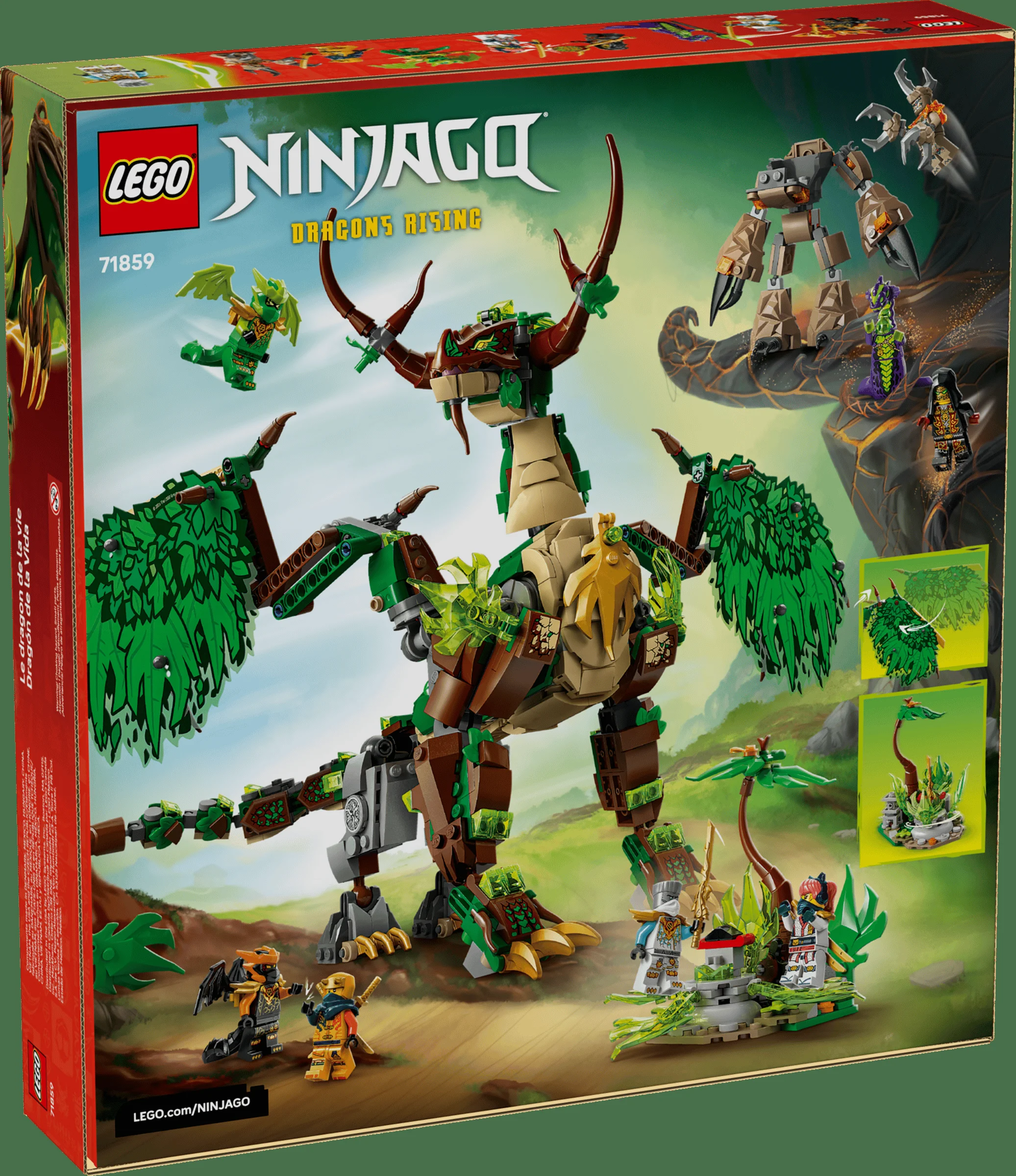 Cutia setului LEGO Ninjago 71859 prezintă Dragonul Vieții, minifigurine și elemente de peisaj.
