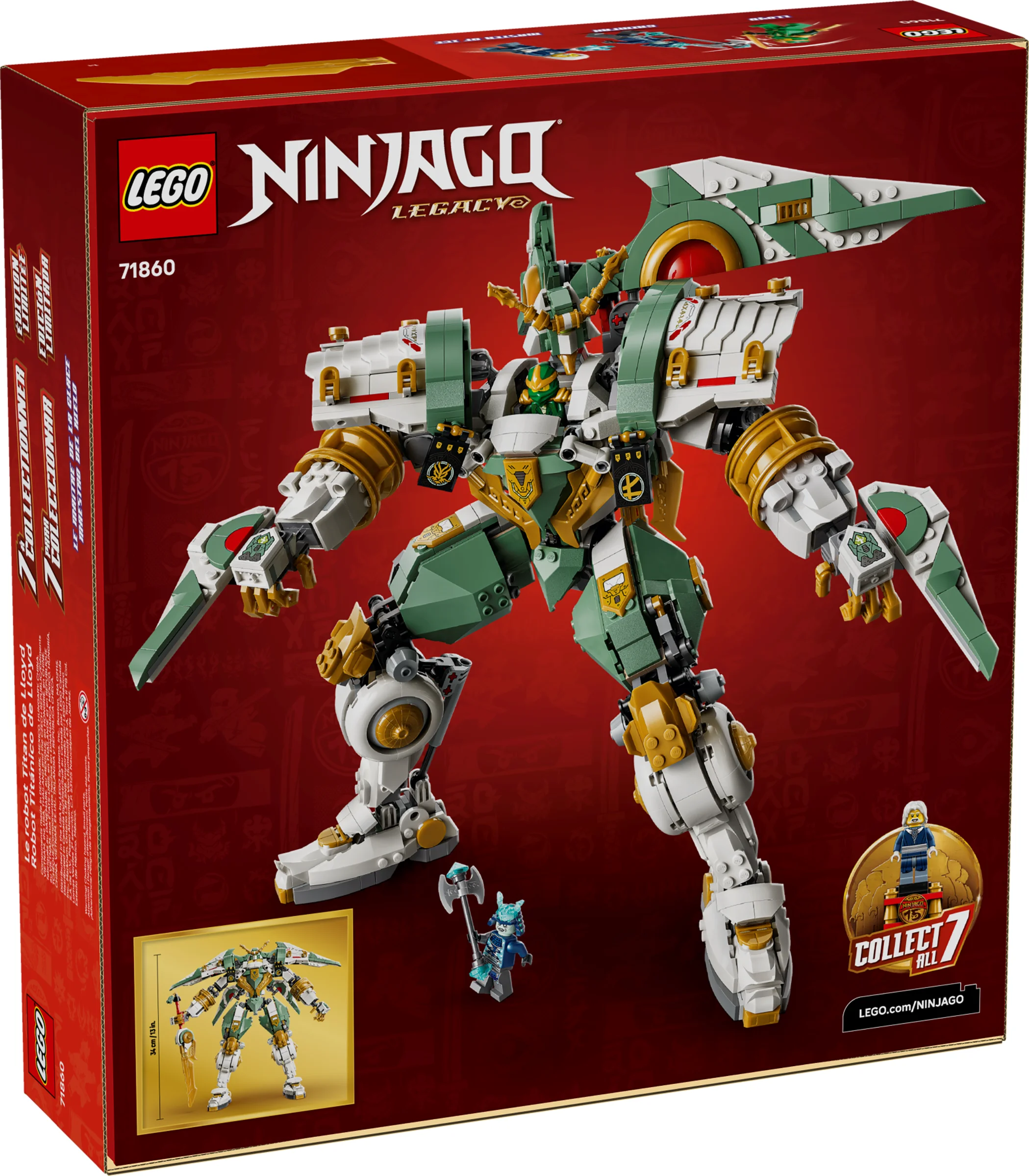 Imagine cu cutia setului LEGO Ninjago 71860, Robotul Titan al lui Lloyd. Fundal roșu, robotul mare verde și alb.