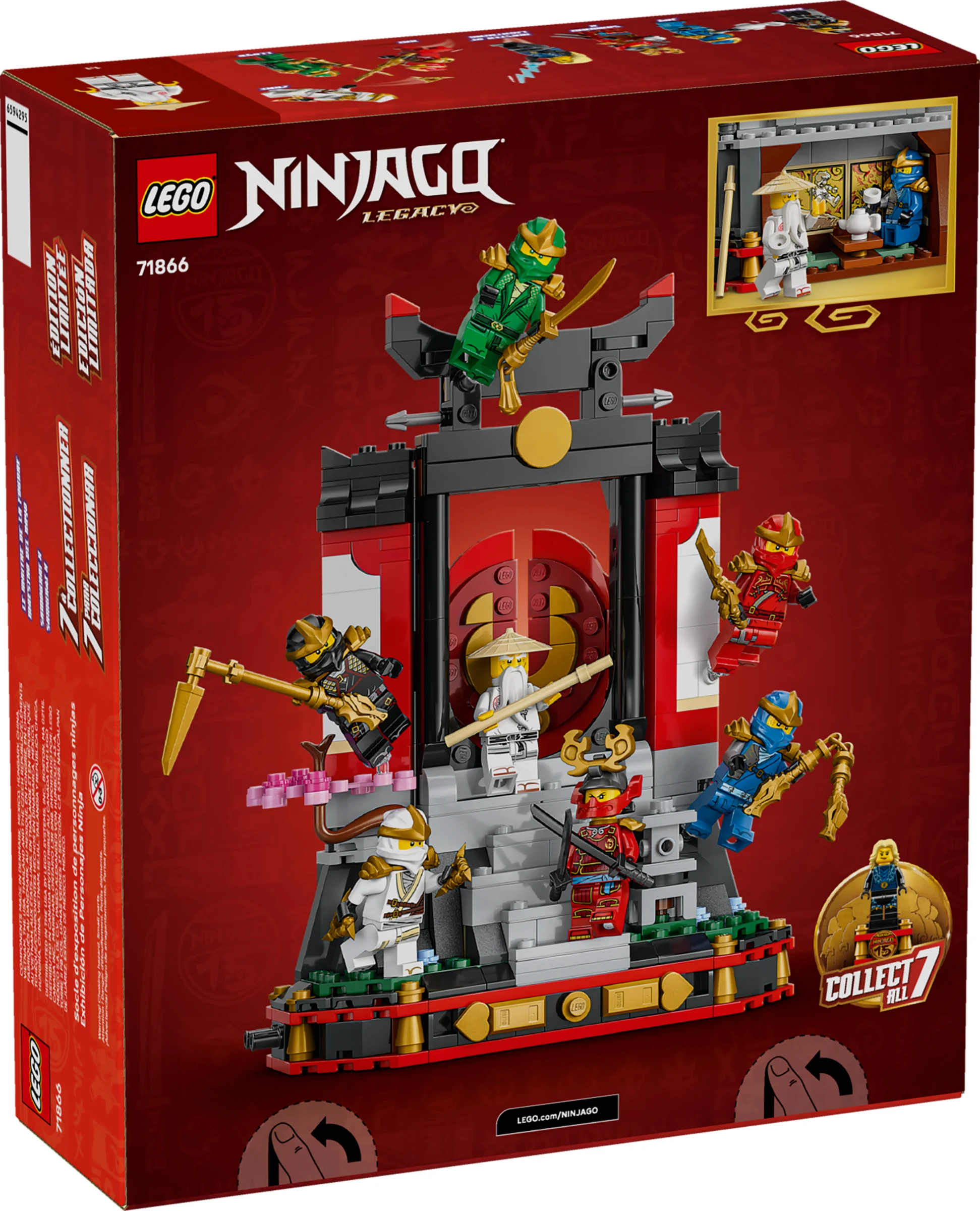 Cutia LEGO Ninjago 71866 prezintă suportul de minifigurine ninja. O scenă detaliată și colorată.