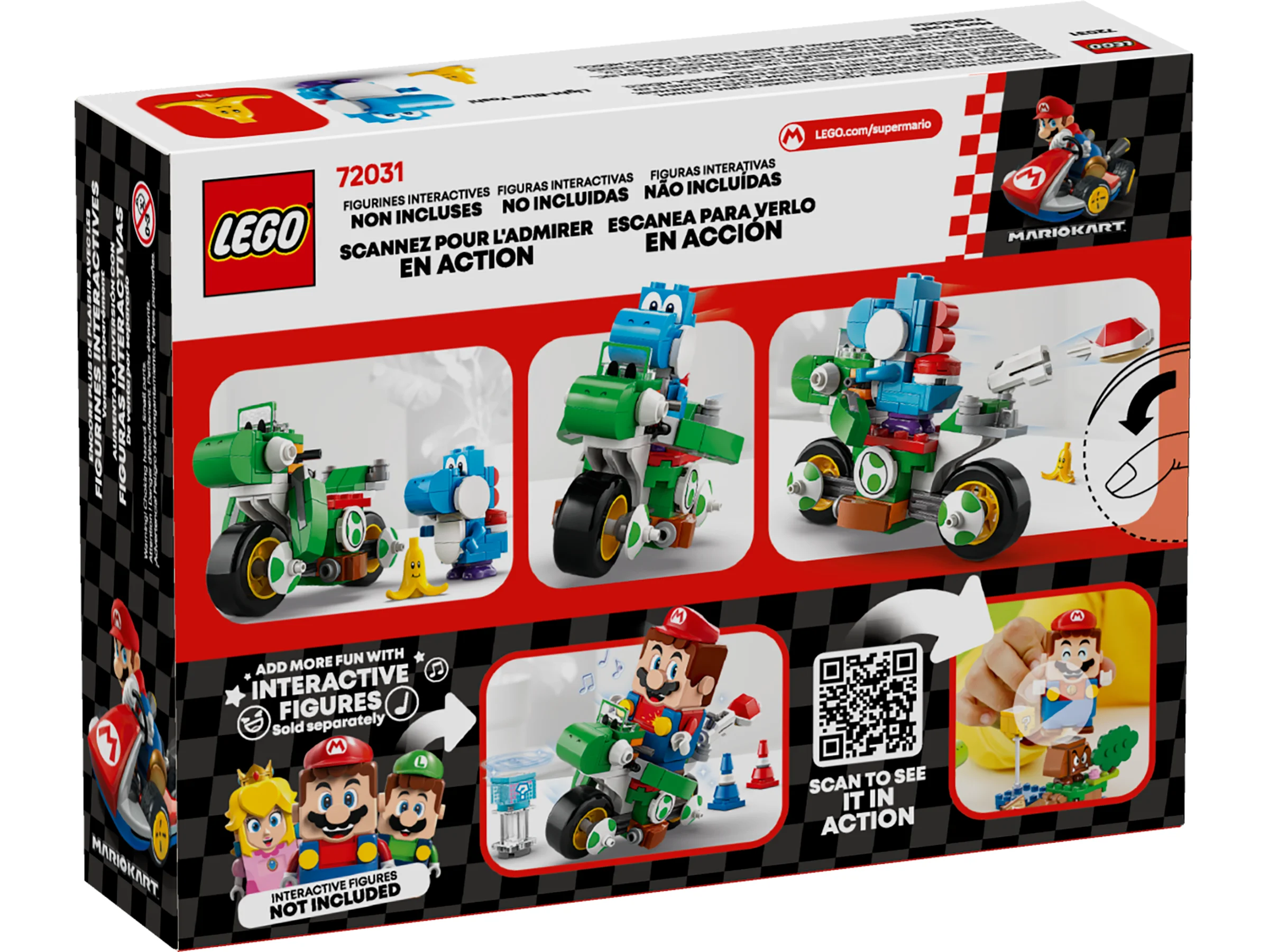 Imagine cu spatele cutiei setului LEGO 72031 Yoshi Bike, cu detalii despre funcții și personaje interactive.