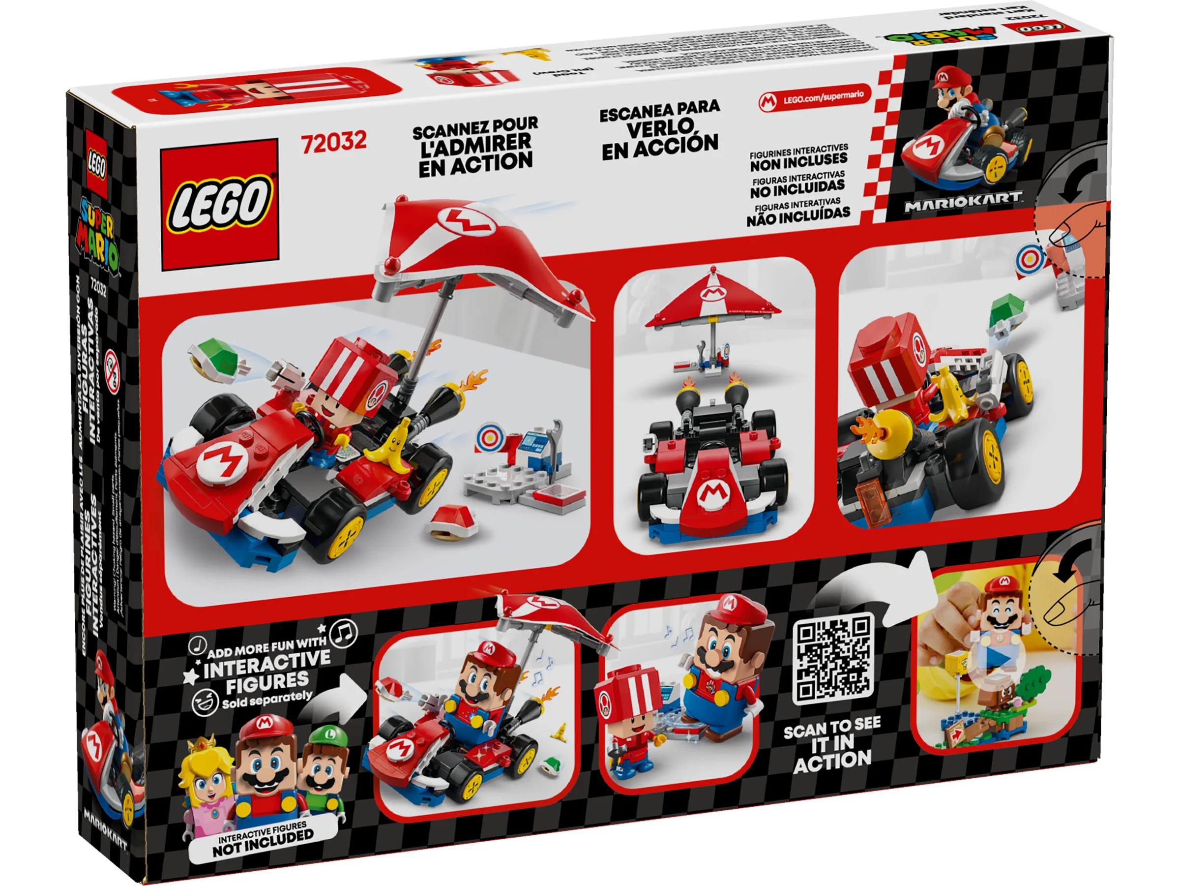 Cutia setului LEGO Super Mario 72032, arătând diverse scene cu kartul.