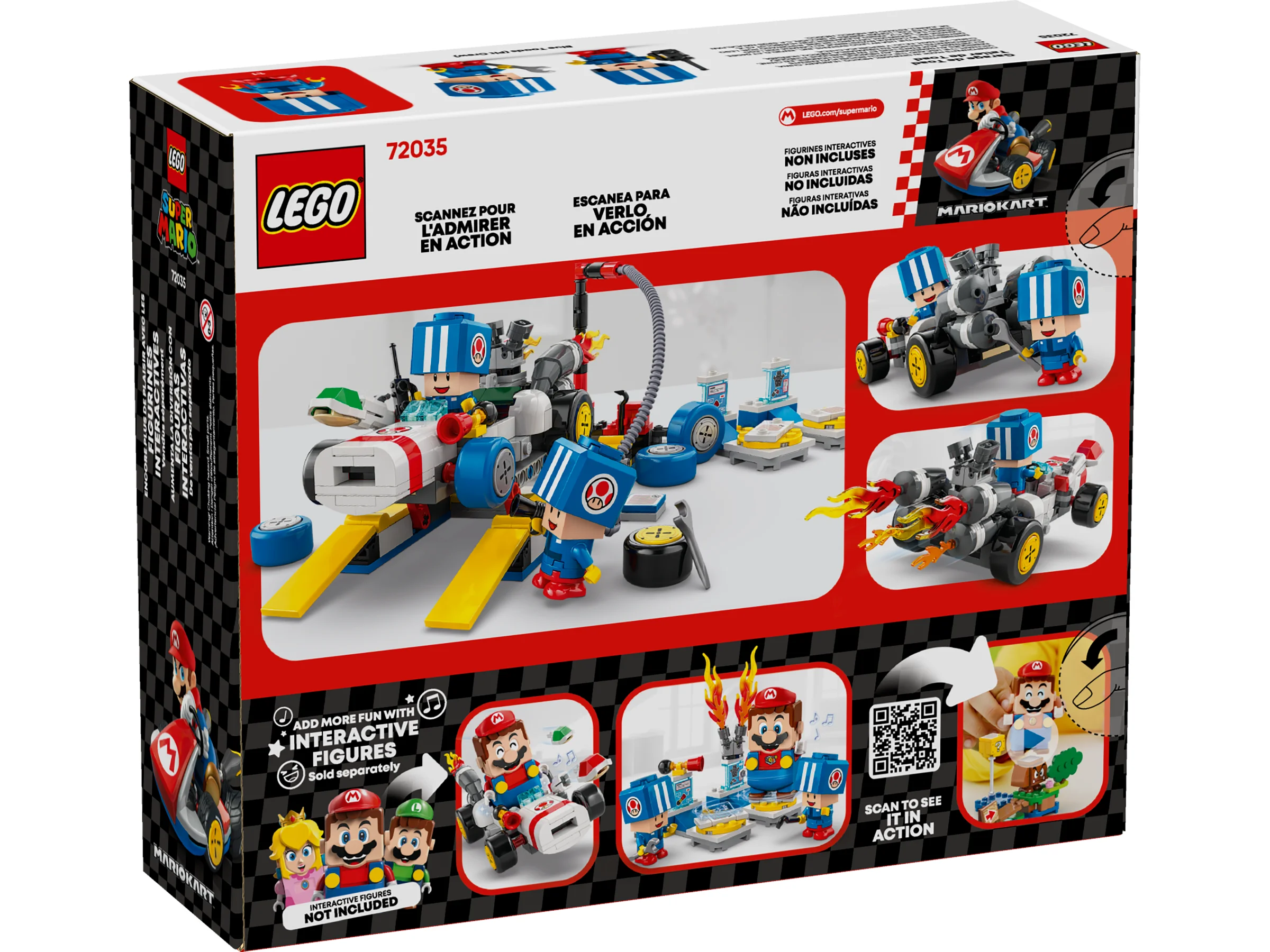 Cutia setului LEGO Super Mario 72035 Garajul lui Toad prezintă diferite modele construite.
