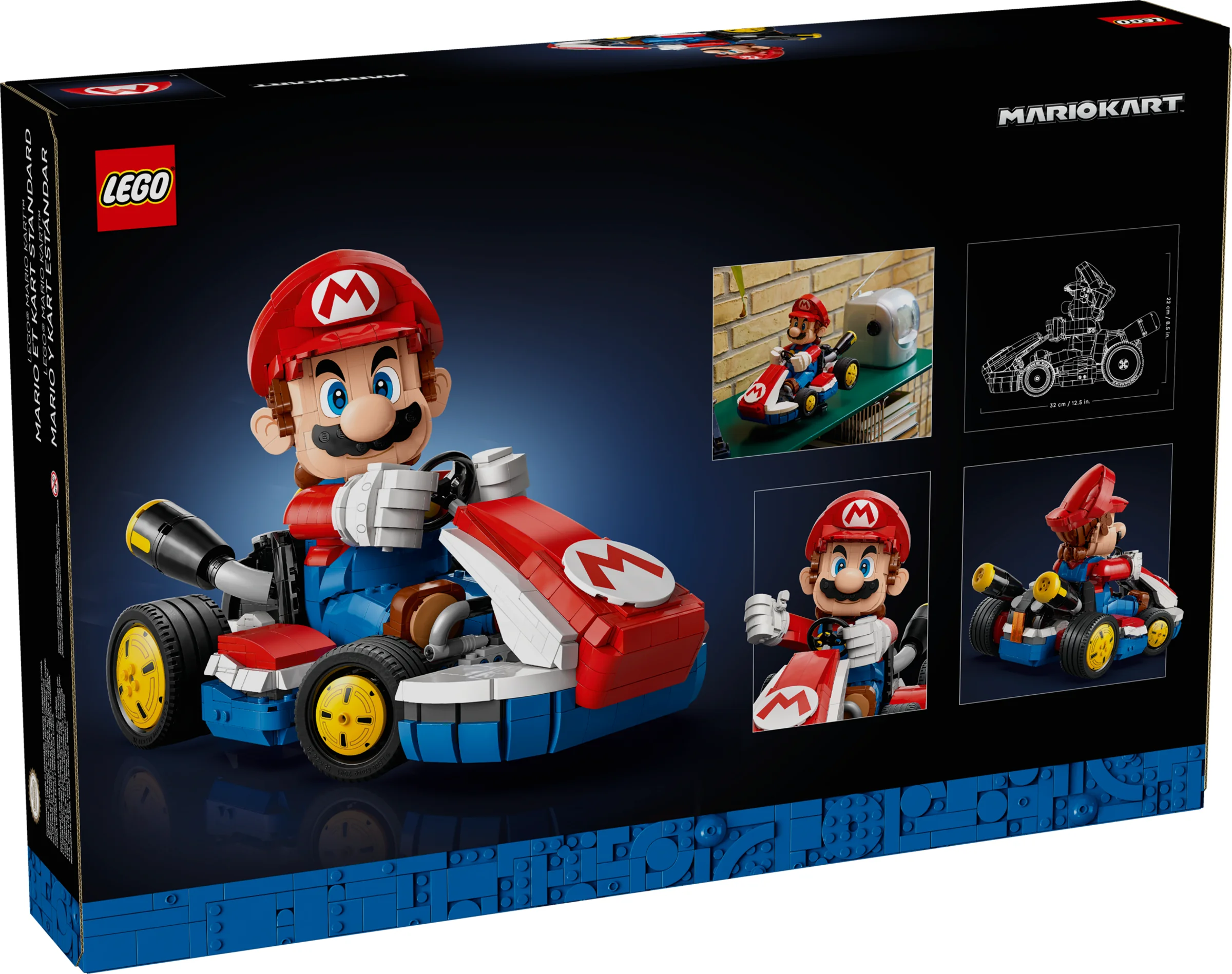Cutia LEGO Mario Kart cu Mario și kartul său standard. Grafică detaliată și viu colorată.