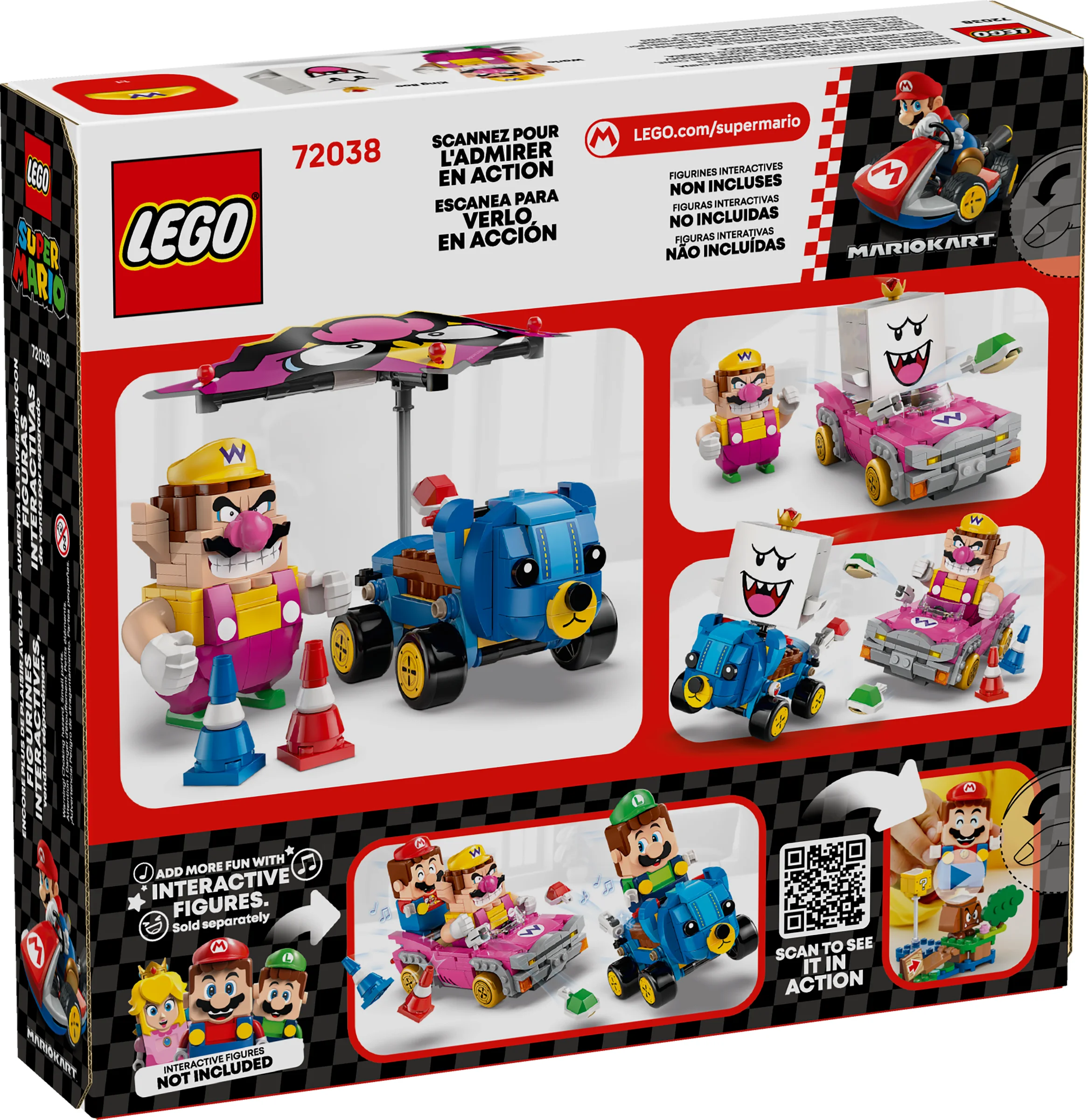 Imaginea cutiei cu Wario și King Boo, setul 72038 LEGO Super Mario, cu diferite scene construite.