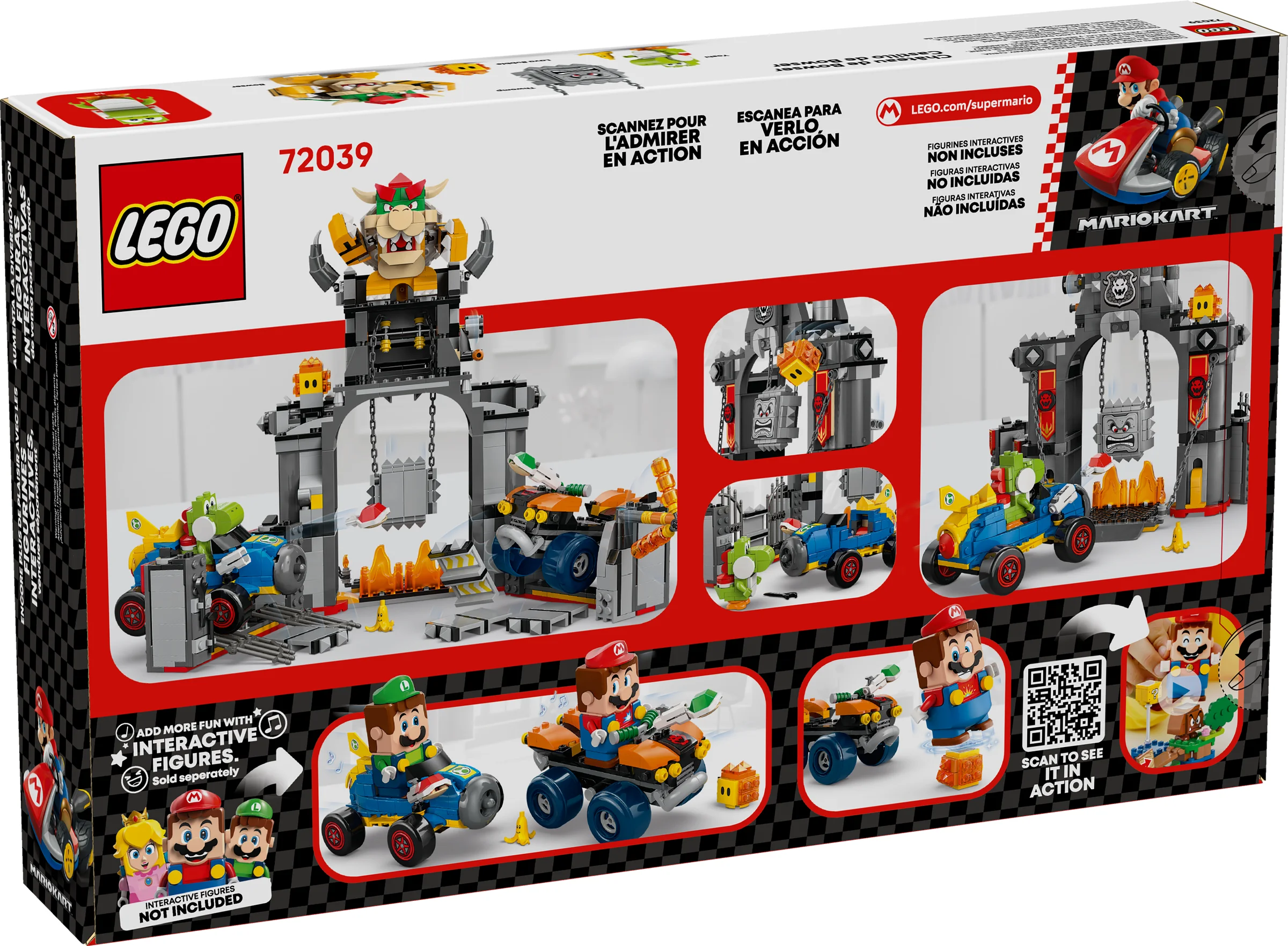 Cutie LEGO 72039 Bowser's Castle, cu scene și funcții interactive prezentate pe ambalaj.